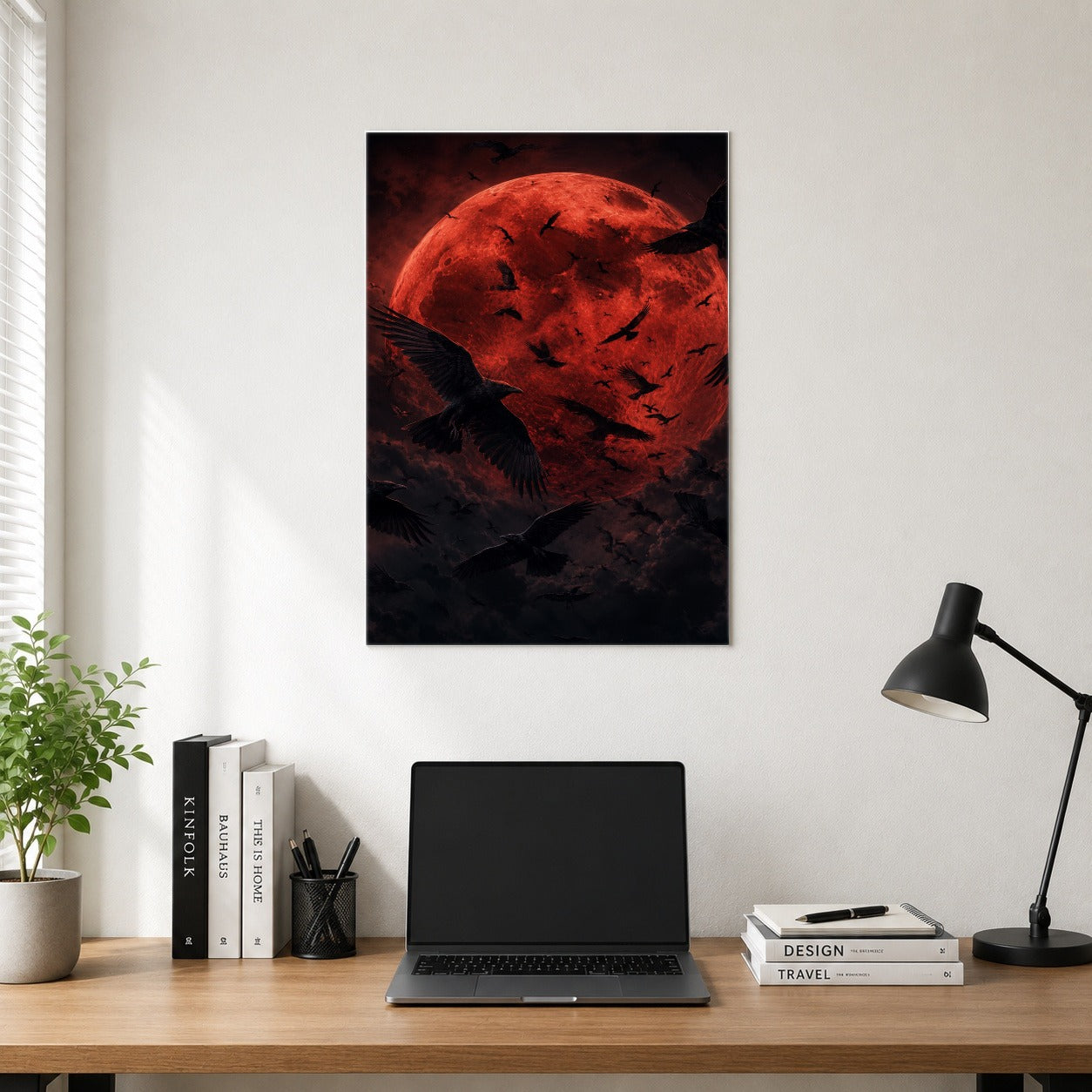 #pl[8x10 Inch|Multicolor] Red Moon Ravens Poster, Dark Gothic Celestial Wall Art