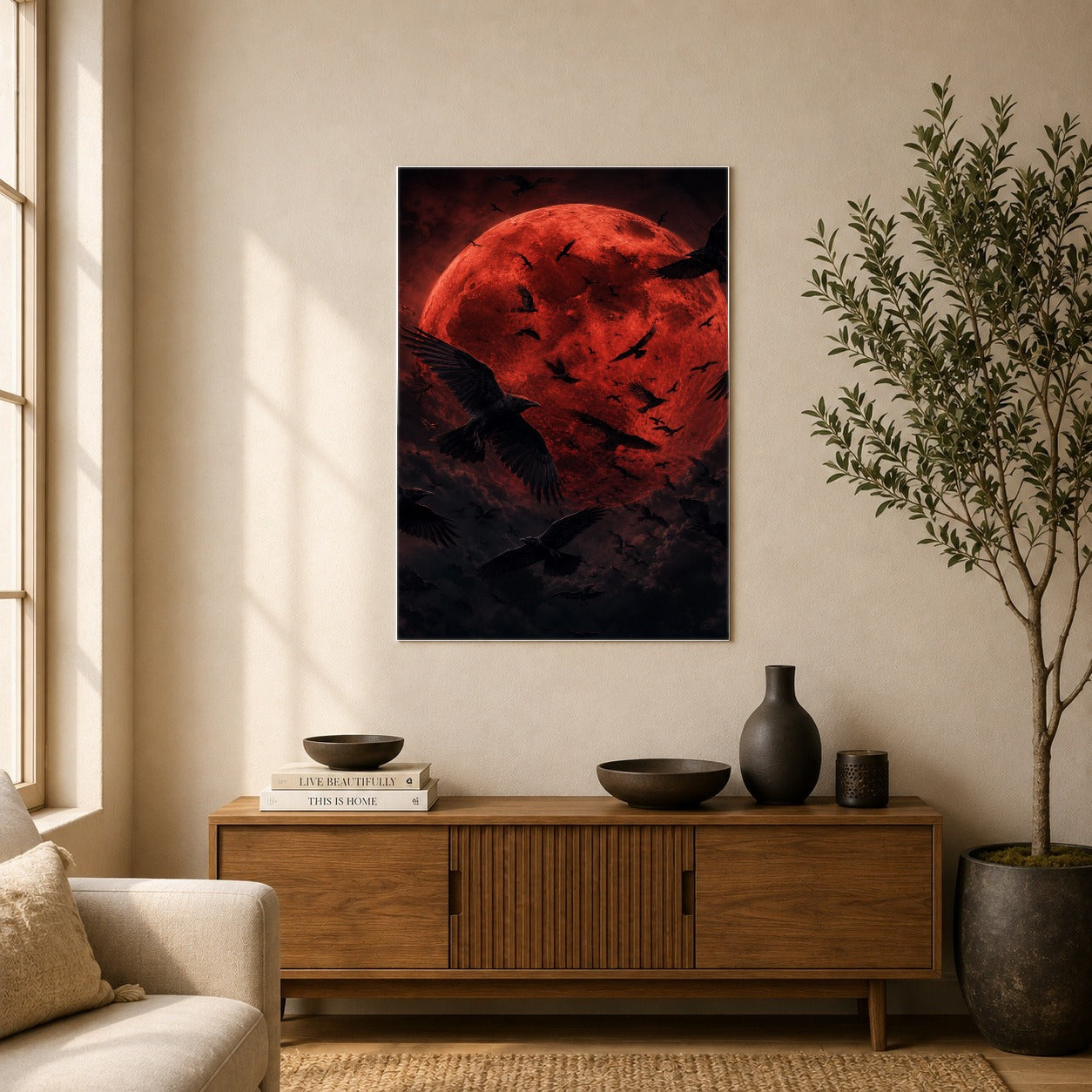 #pl[8x10 Inch|Multicolor] Red Moon Ravens Poster, Dark Gothic Celestial Wall Art