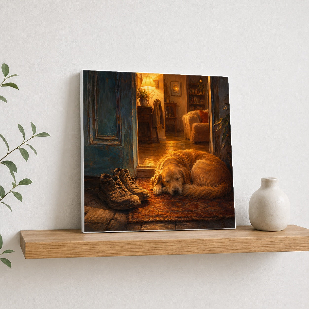 #pl[17x17 Inch|Multicolor] Sleeping Dog Homecoming Square Canvas Wall Art, Cozy Entryway Decor