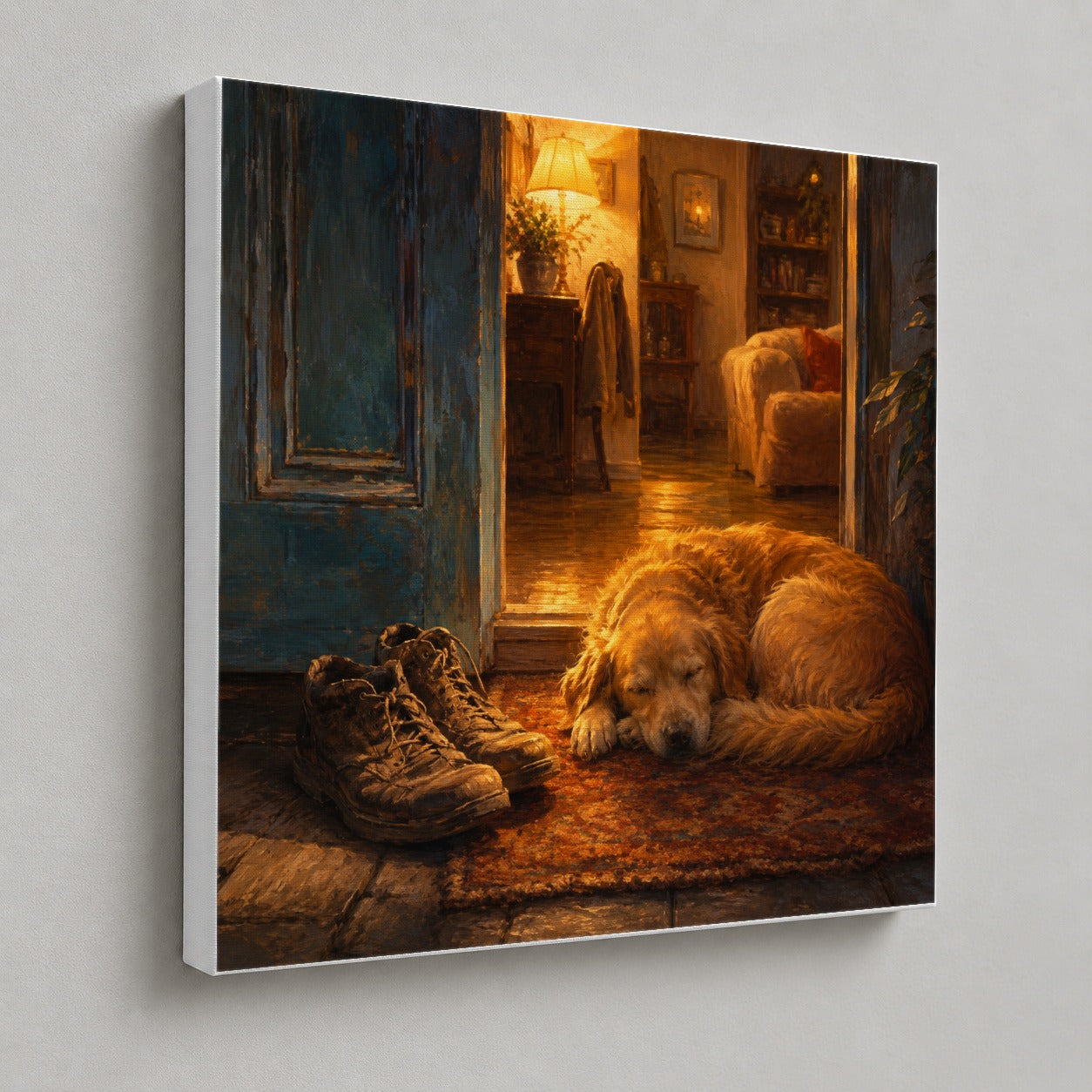 #pl[17x17 Inch|Multicolor] Sleeping Dog Homecoming Square Canvas Wall Art, Cozy Entryway Decor