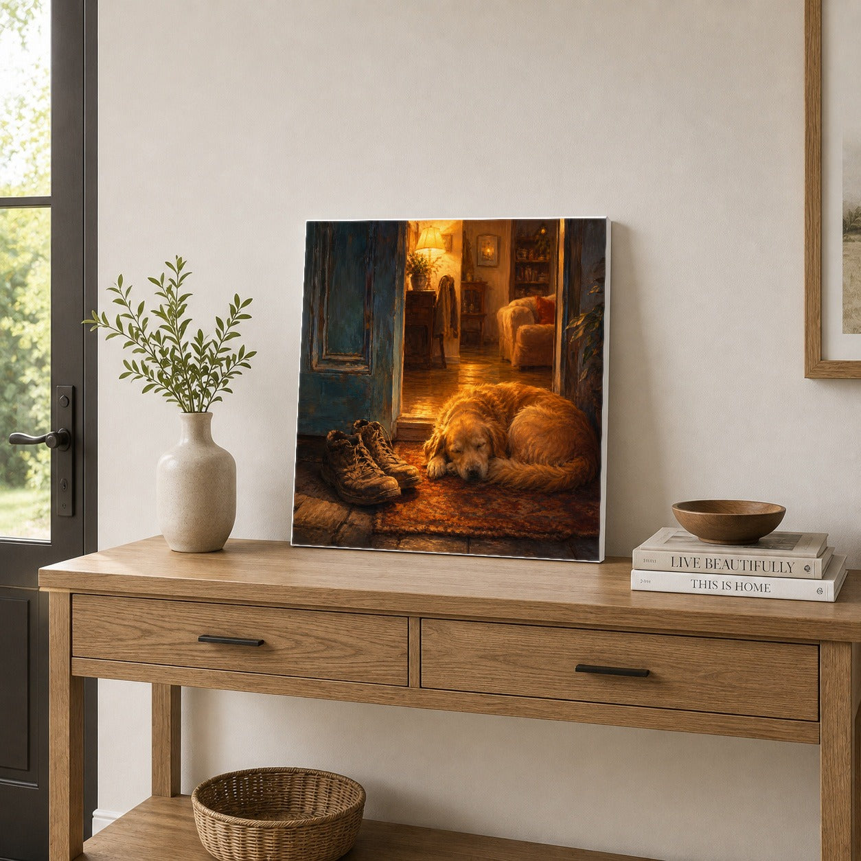 #pl[17x17 Inch|Multicolor] Sleeping Dog Homecoming Square Canvas Wall Art, Cozy Entryway Decor