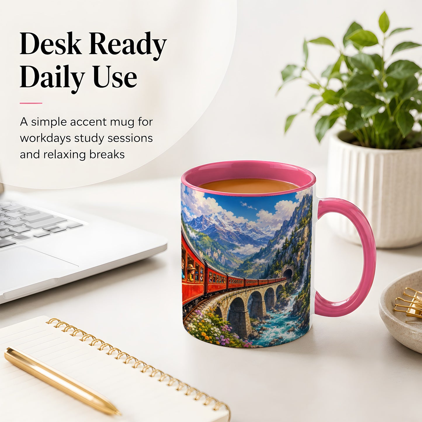 #pl[11oz|Pink] Mountain Train Ceramic Mug, Red Alpine Railway Bridge Scene