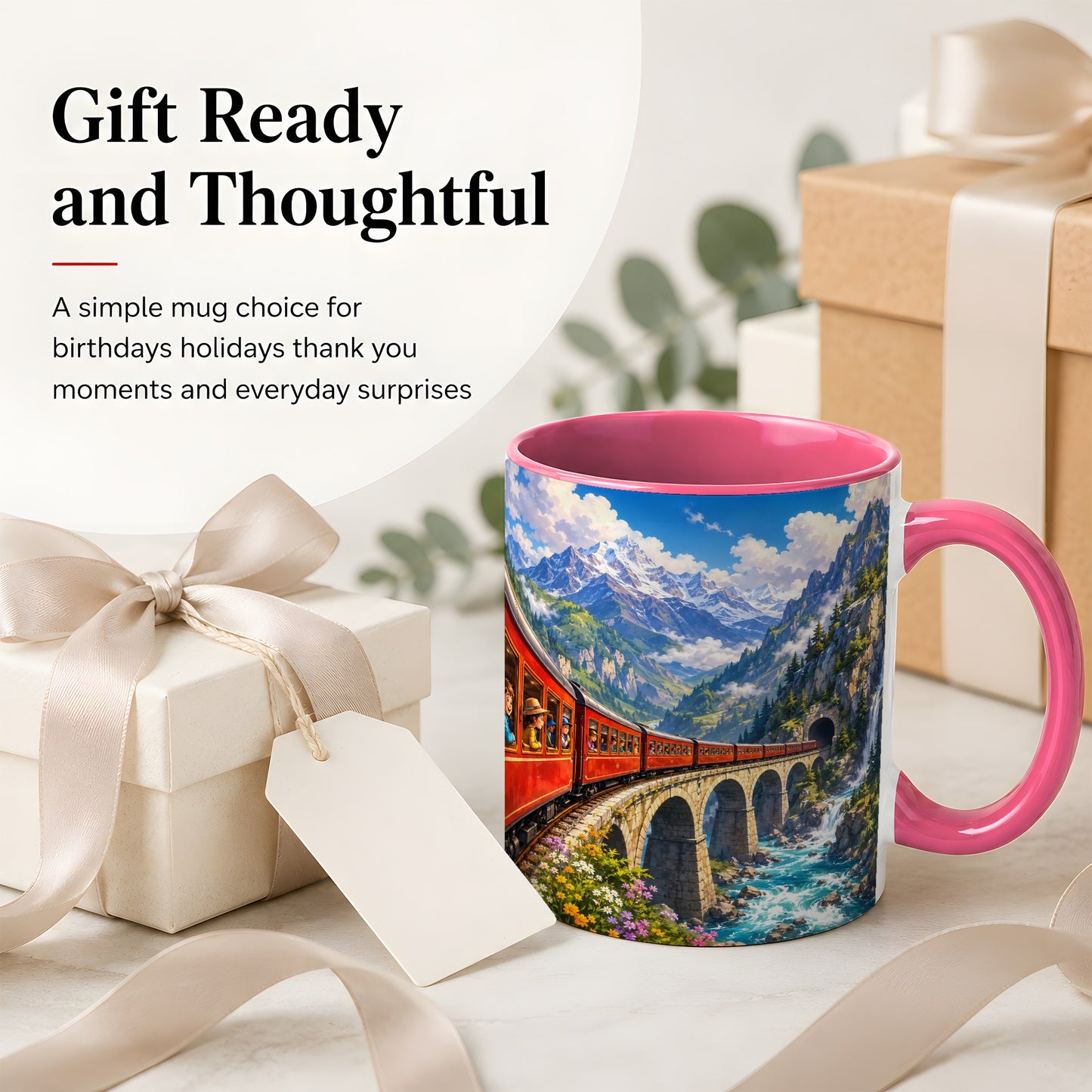 #pl[11oz|Pink] Mountain Train Ceramic Mug, Red Alpine Railway Bridge Scene