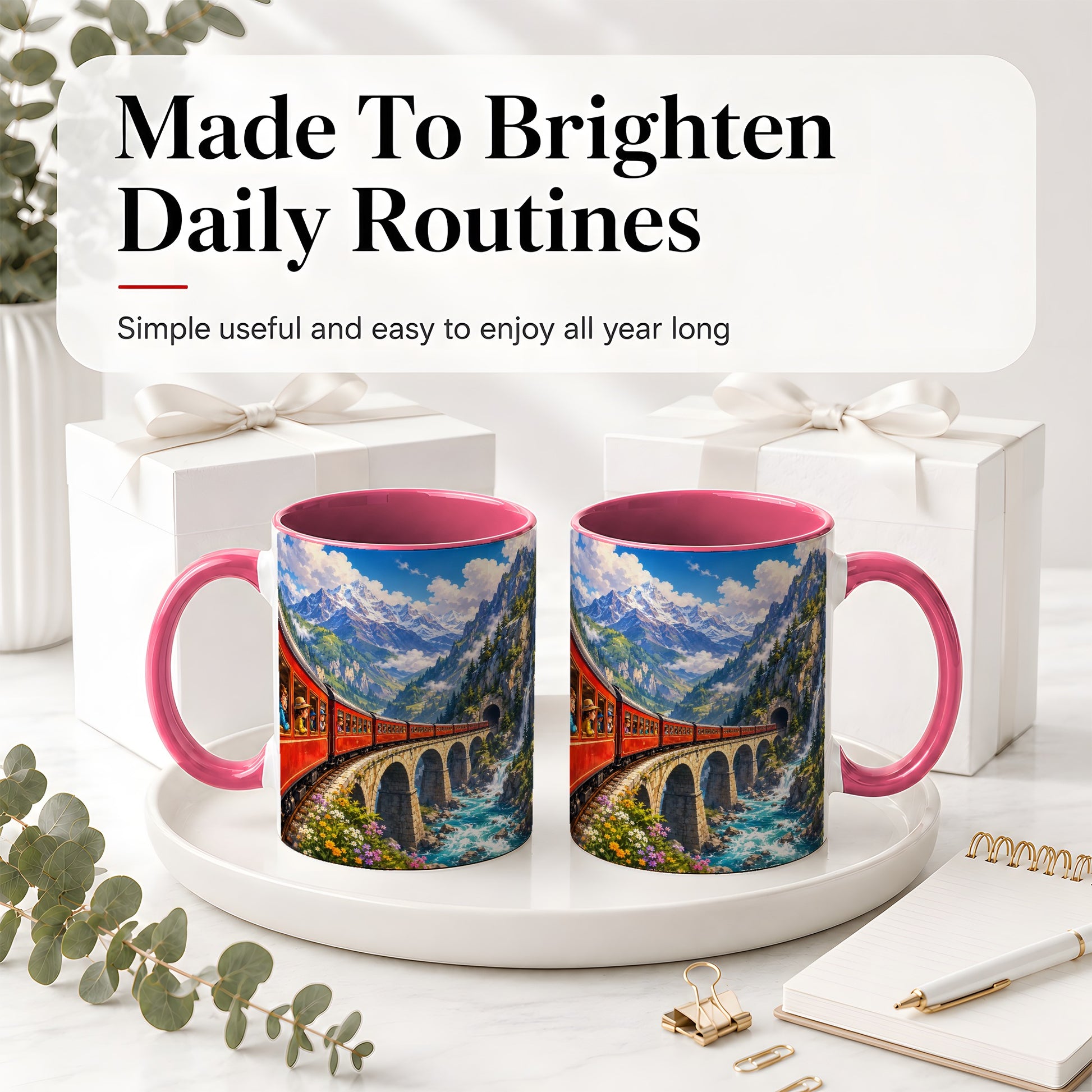 #pl[11oz|Pink] Mountain Train Ceramic Mug, Red Alpine Railway Bridge Scene