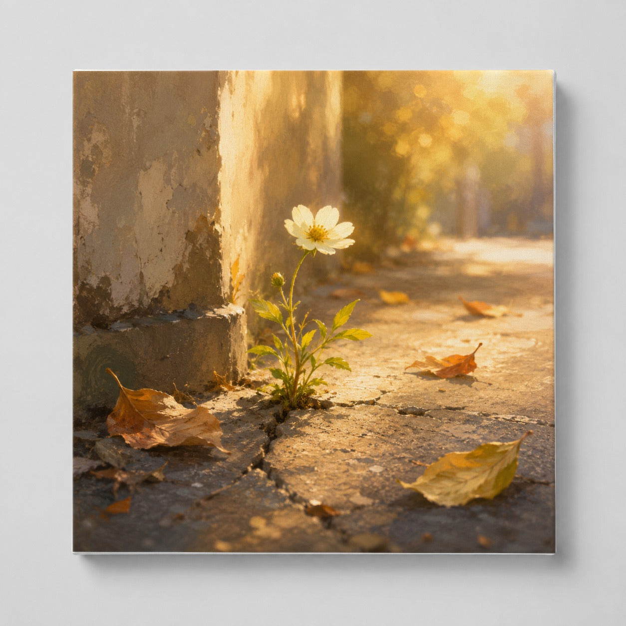 Resilient White Flower Square Canvas Wall Art, Hopeful Nature Decor