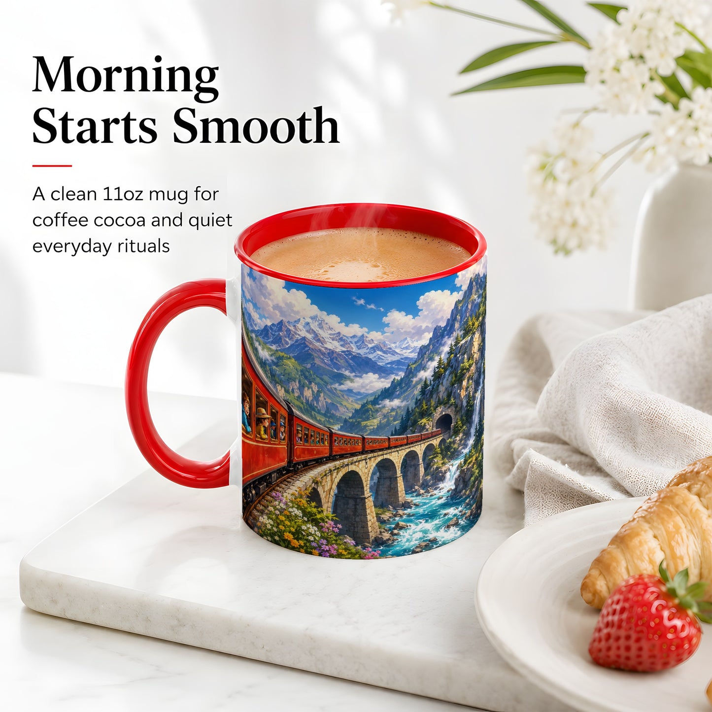 #pl[11oz|Red] Mountain Train Ceramic Mug, Red Alpine Railway Bridge Scene