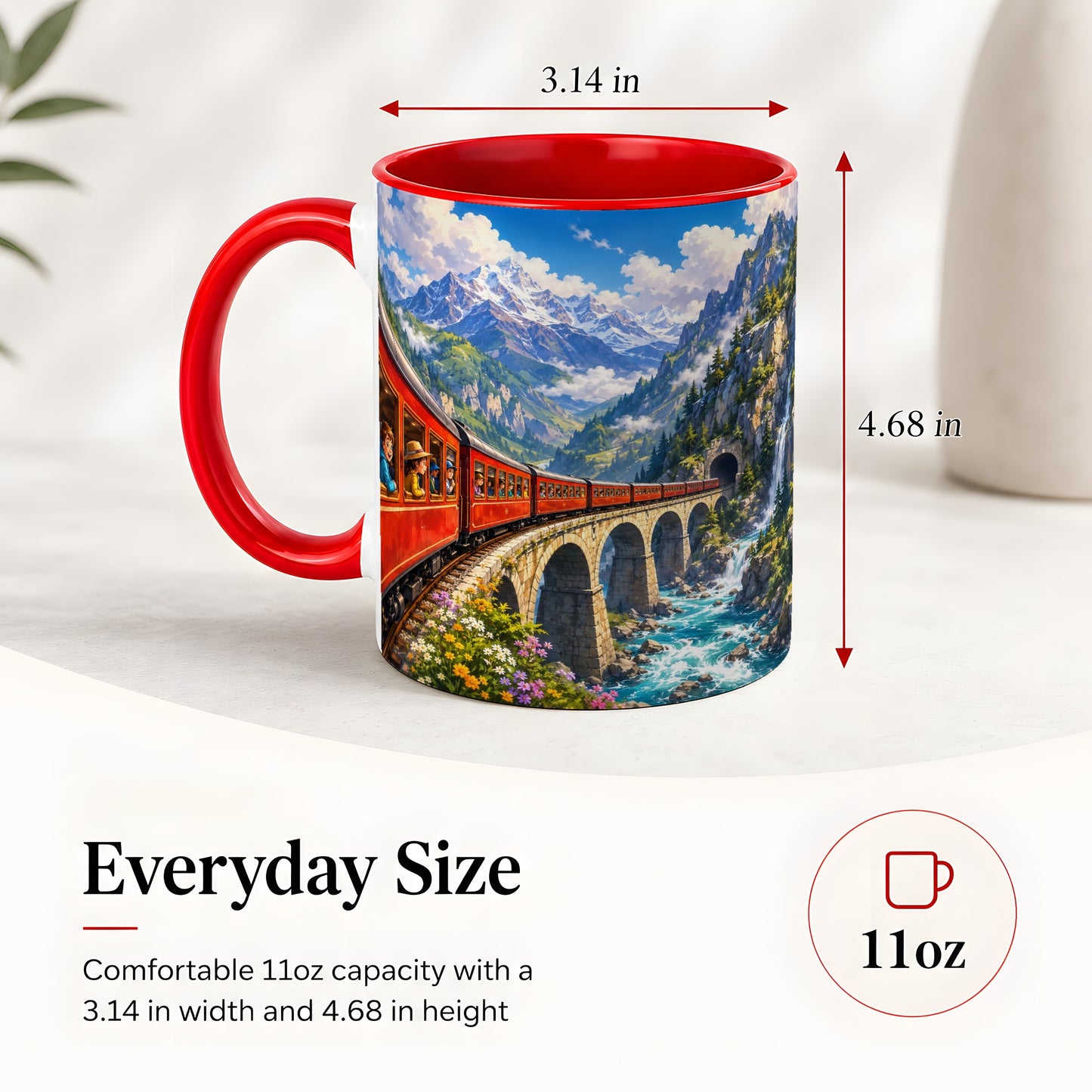 #pl[11oz|Red] Mountain Train Ceramic Mug, Red Alpine Railway Bridge Scene