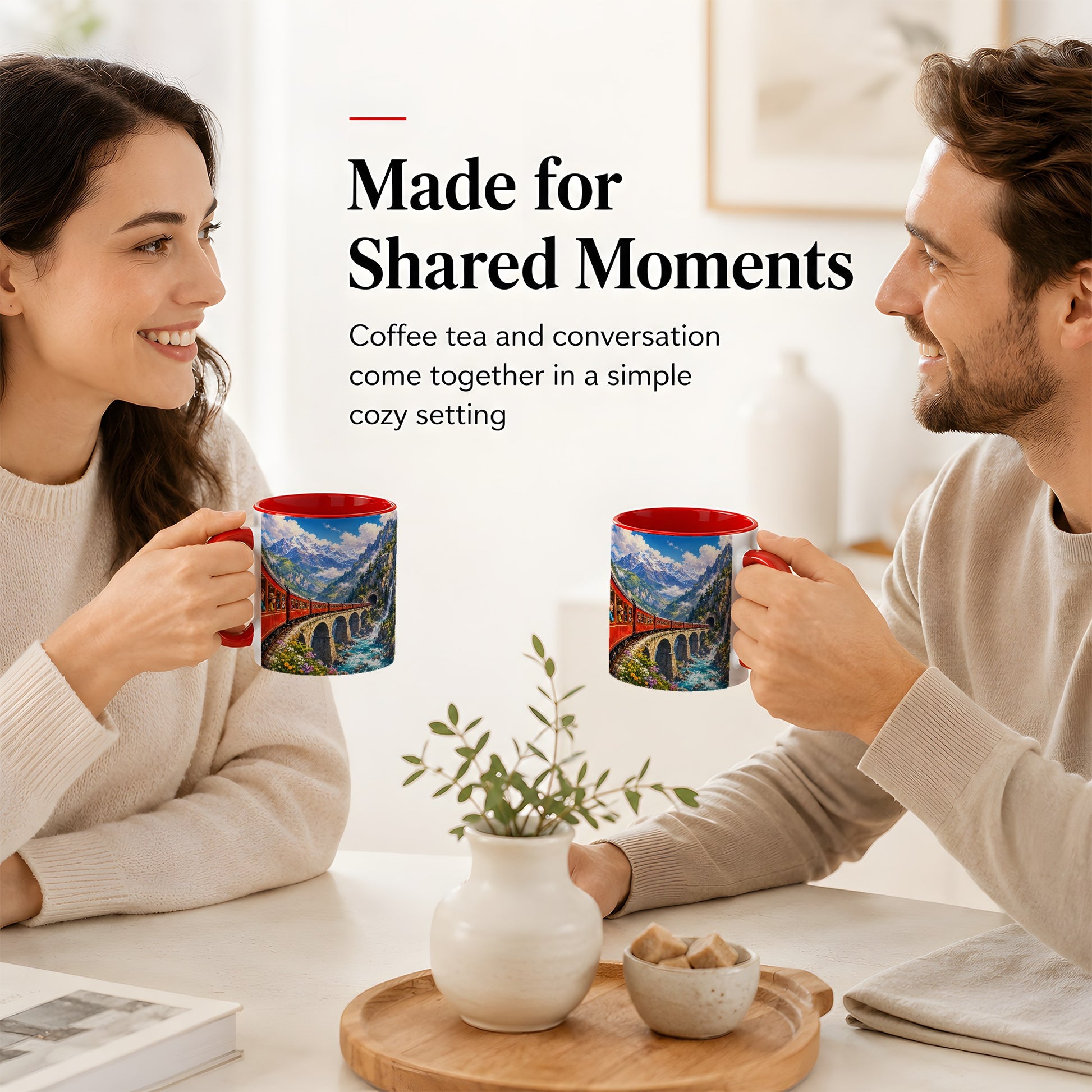 #pl[11oz|Red] Mountain Train Ceramic Mug, Red Alpine Railway Bridge Scene