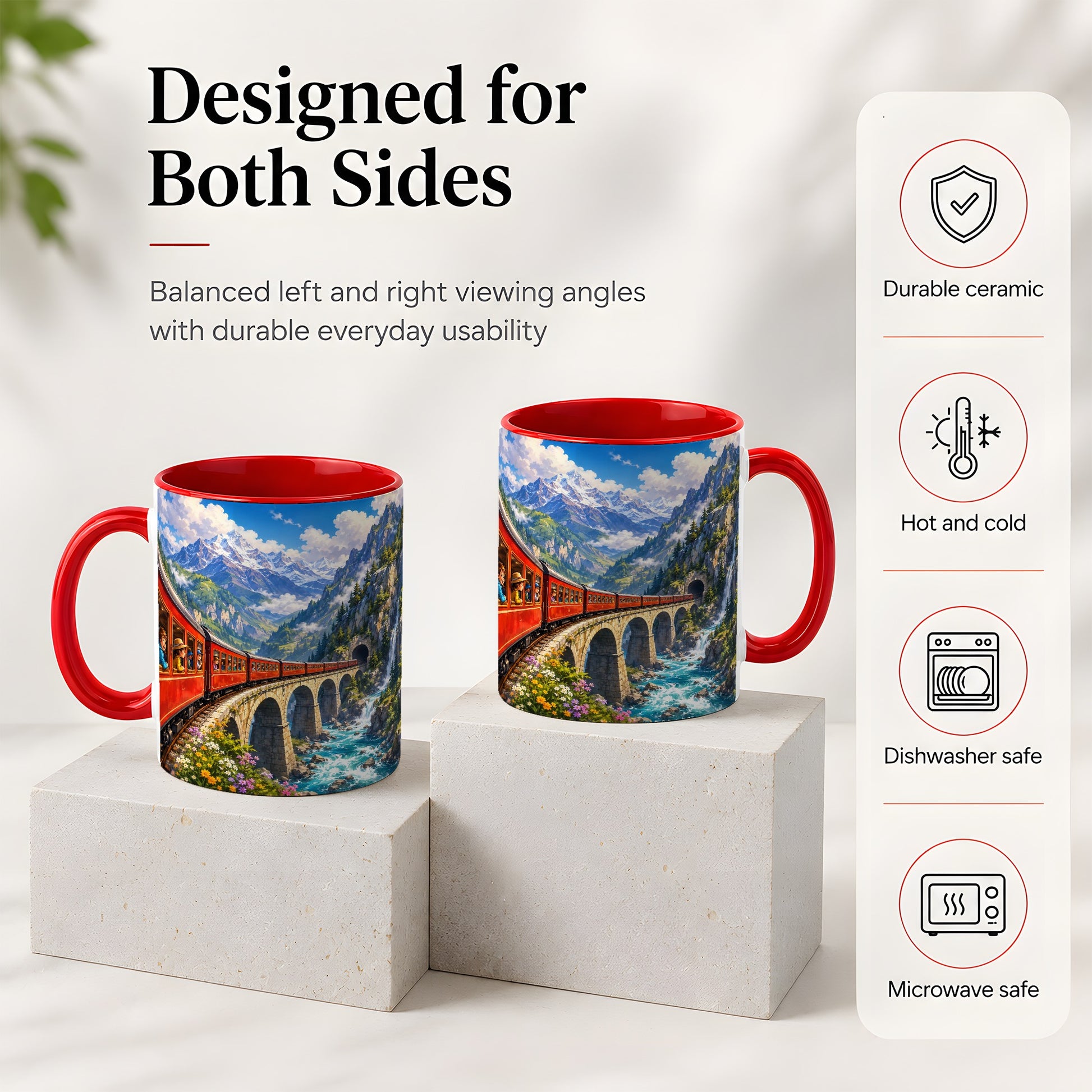 #pl[11oz|Red] Mountain Train Ceramic Mug, Red Alpine Railway Bridge Scene