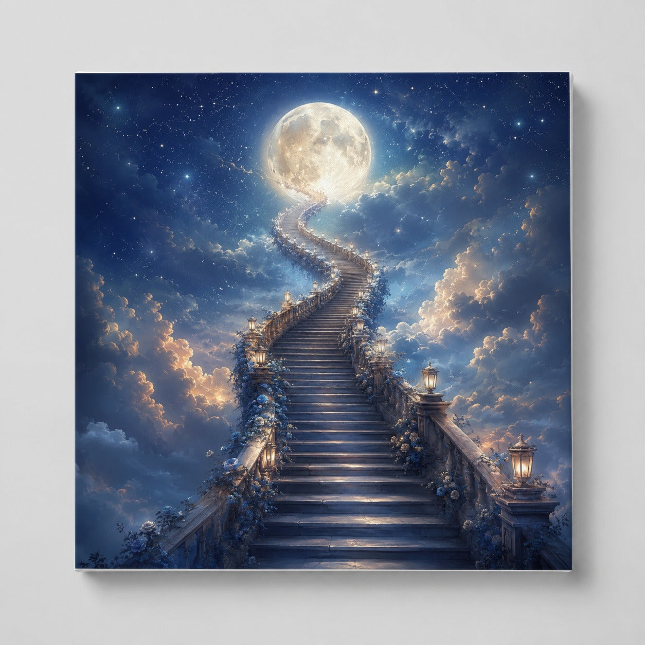 Moon Stairway Square Canvas Wall Art, Celestial Dreamscape Decor
