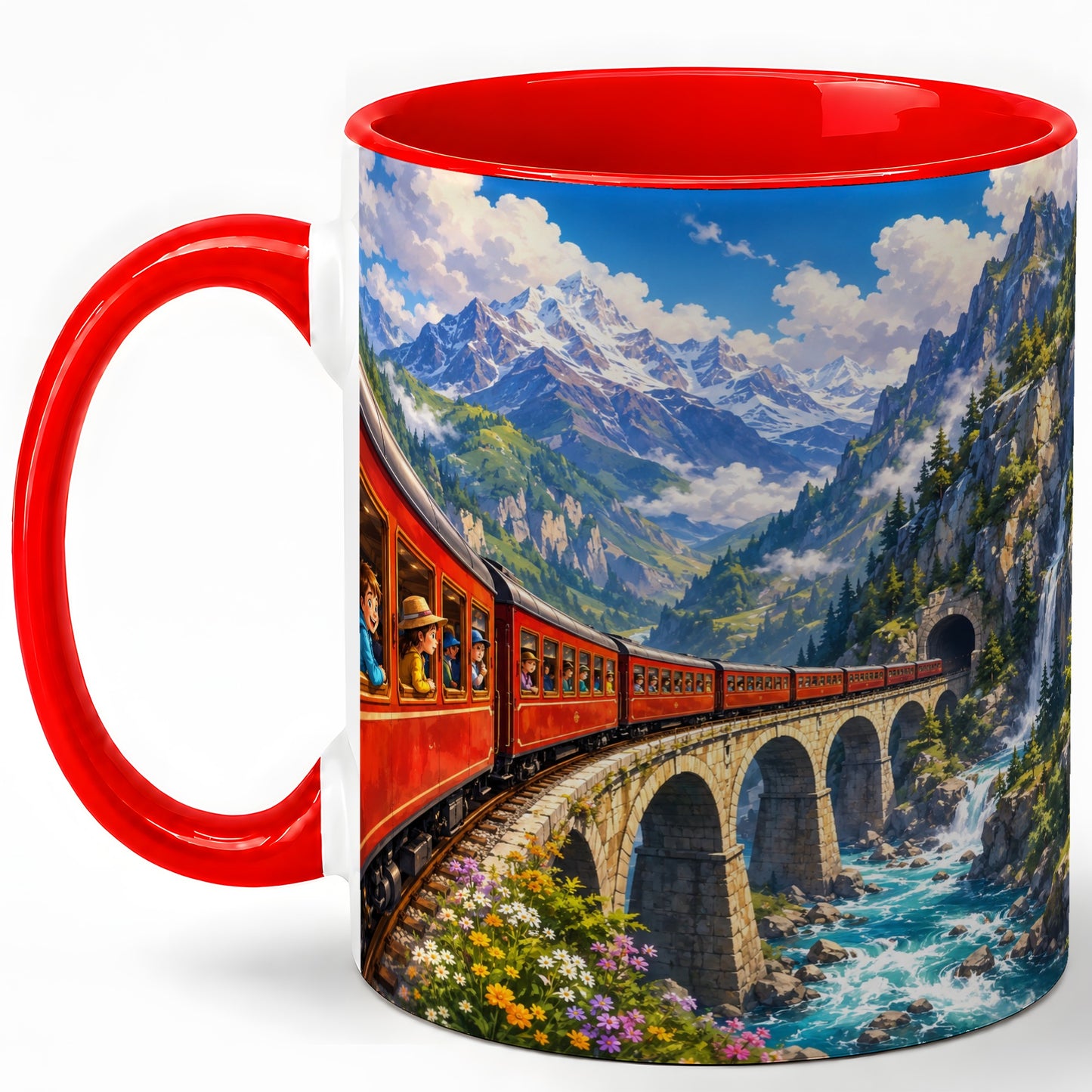Mountain Train Ceramic Mug, Red Alpine Railway Bridge Scene