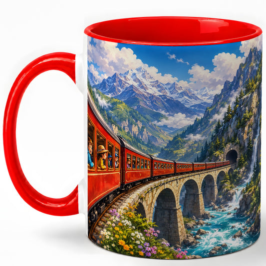 Mountain Train Ceramic Mug, Red Alpine Railway Bridge Scene