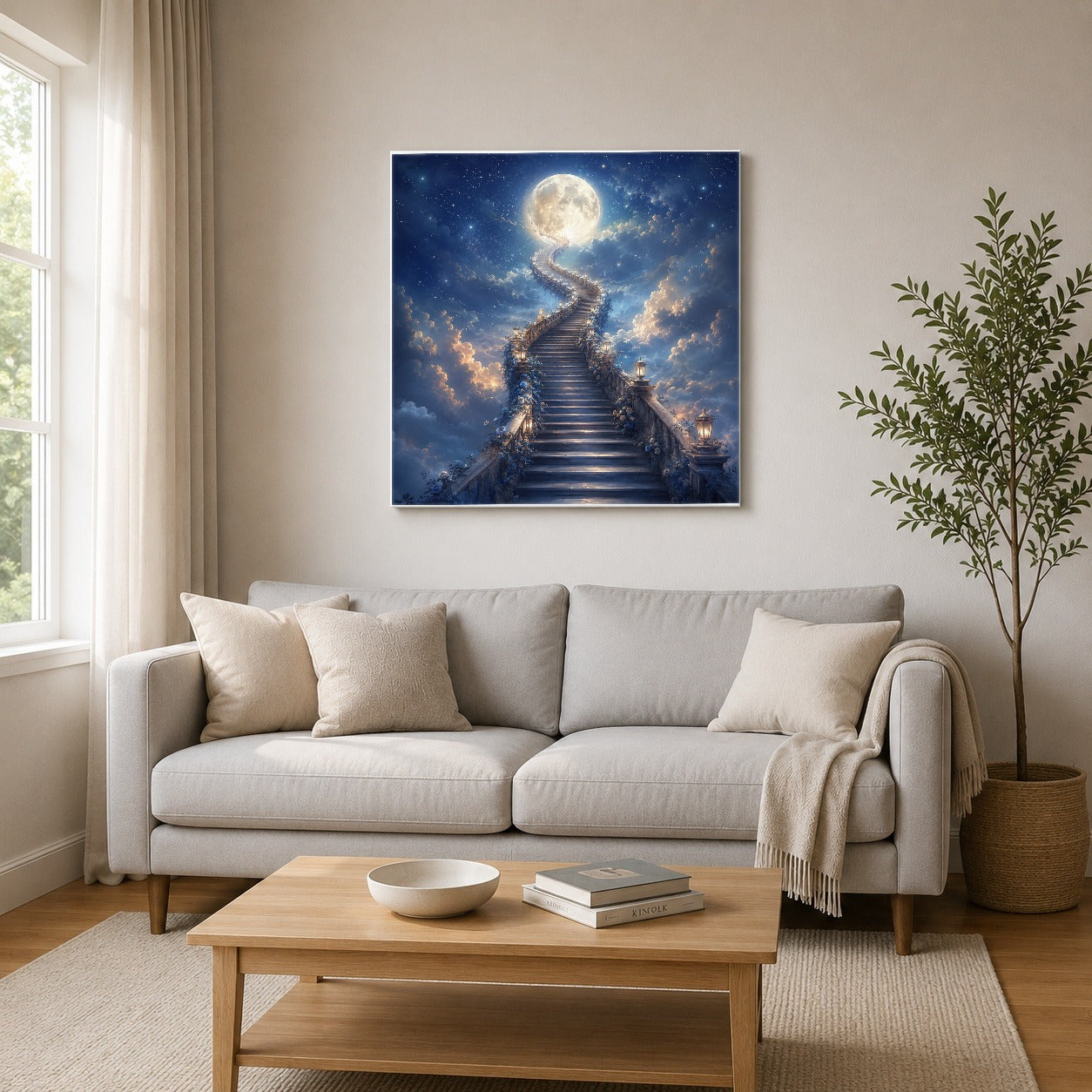 #pl[17x17 Inch|Multicolor] Moon Stairway Square Canvas Wall Art, Celestial Dreamscape Decor