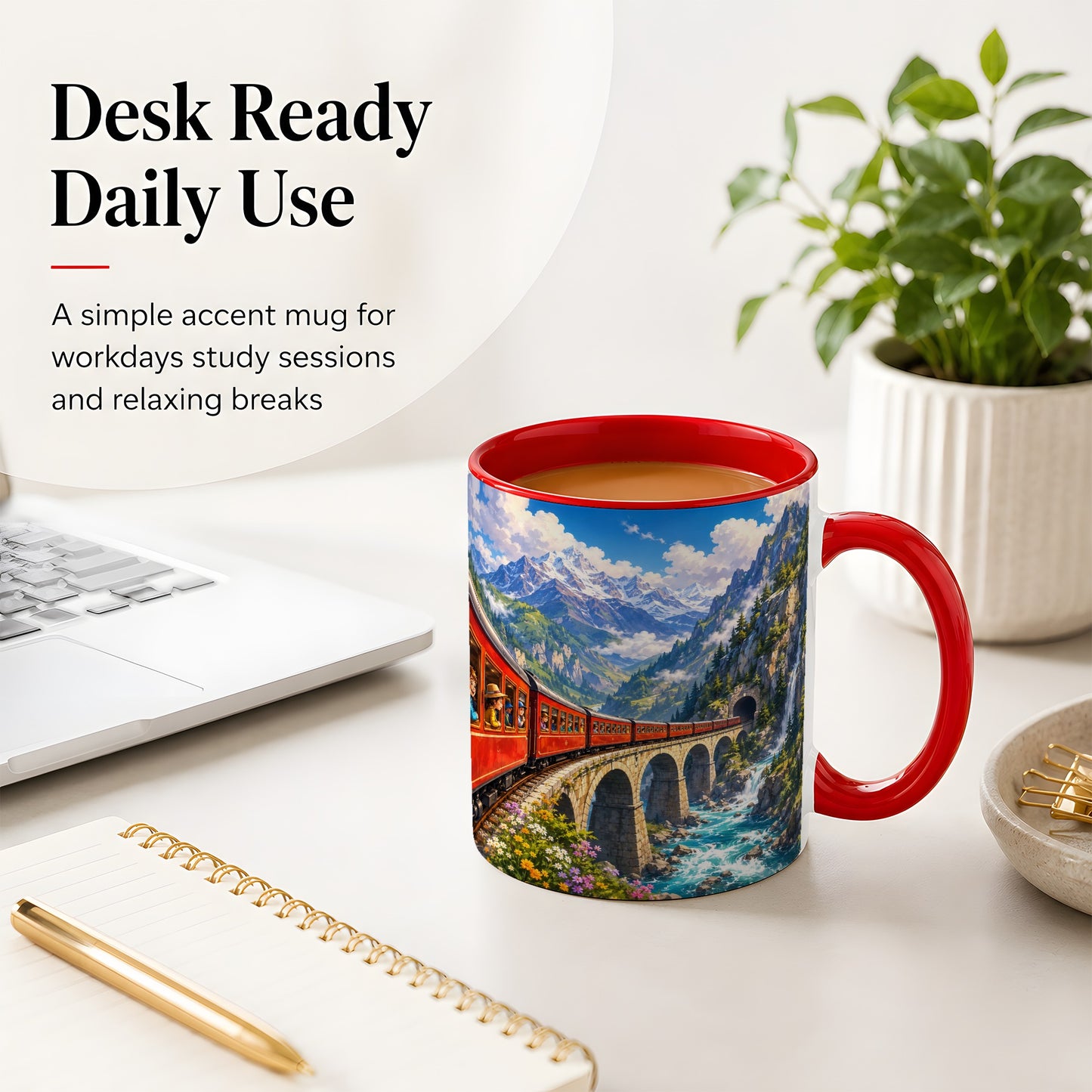 #pl[11oz|Red] Mountain Train Ceramic Mug, Red Alpine Railway Bridge Scene