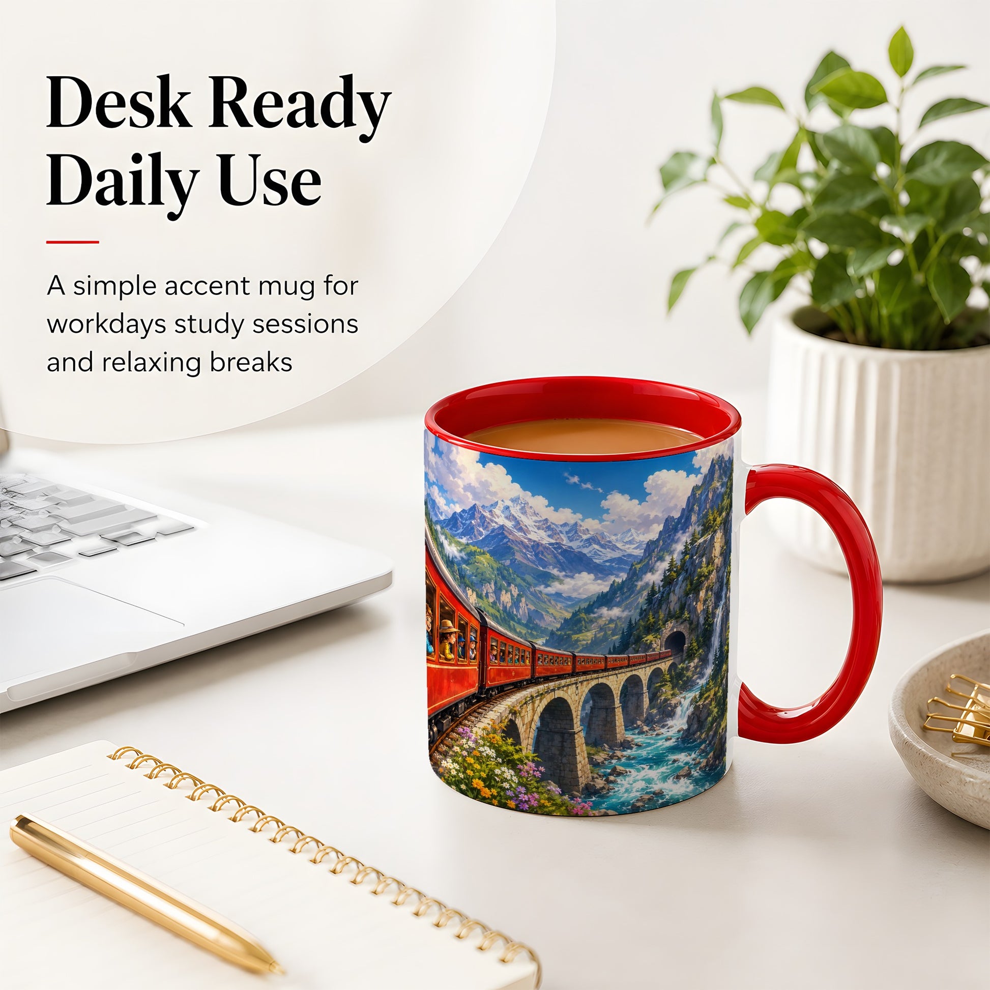 #pl[11oz|Red] Mountain Train Ceramic Mug, Red Alpine Railway Bridge Scene