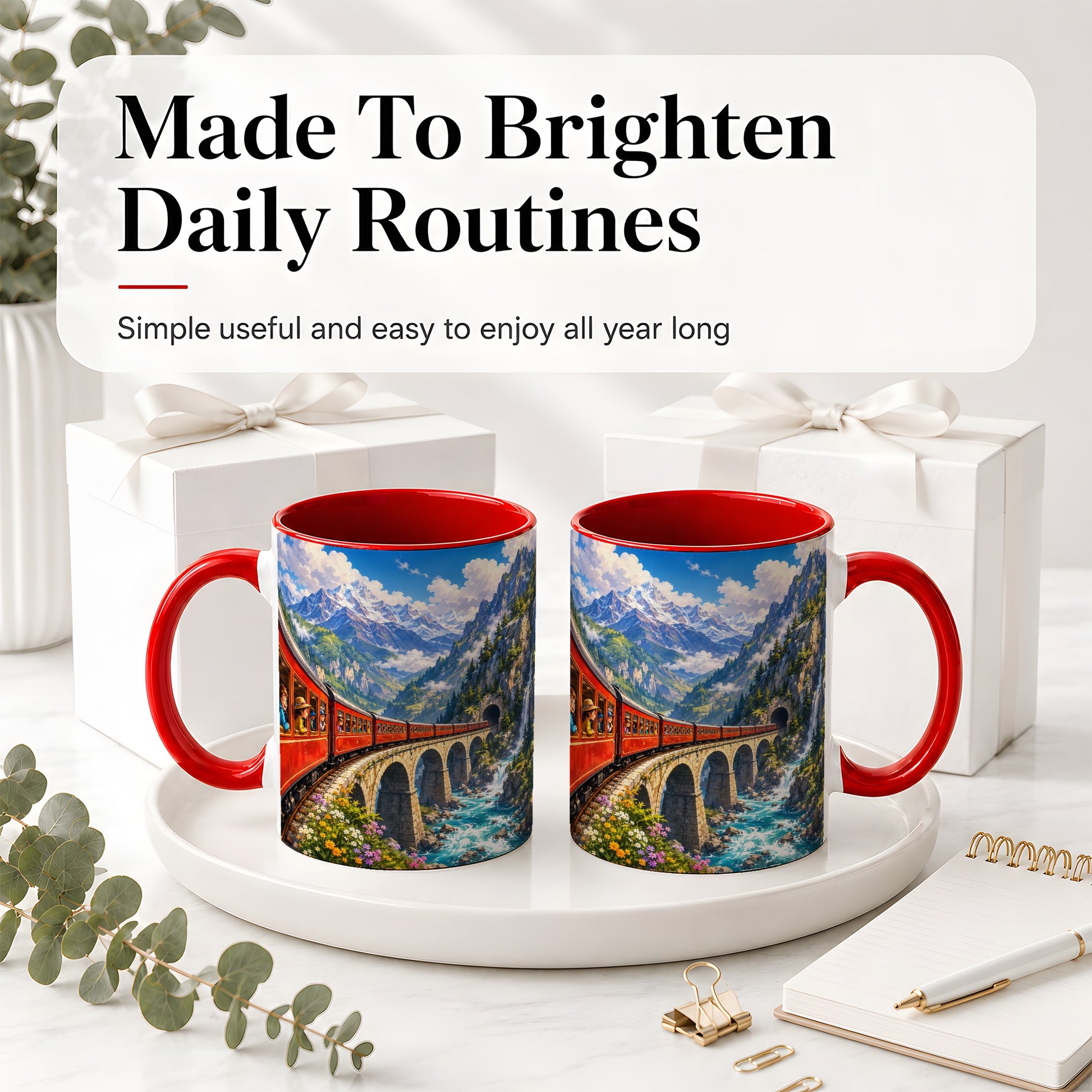 #pl[11oz|Red] Mountain Train Ceramic Mug, Red Alpine Railway Bridge Scene