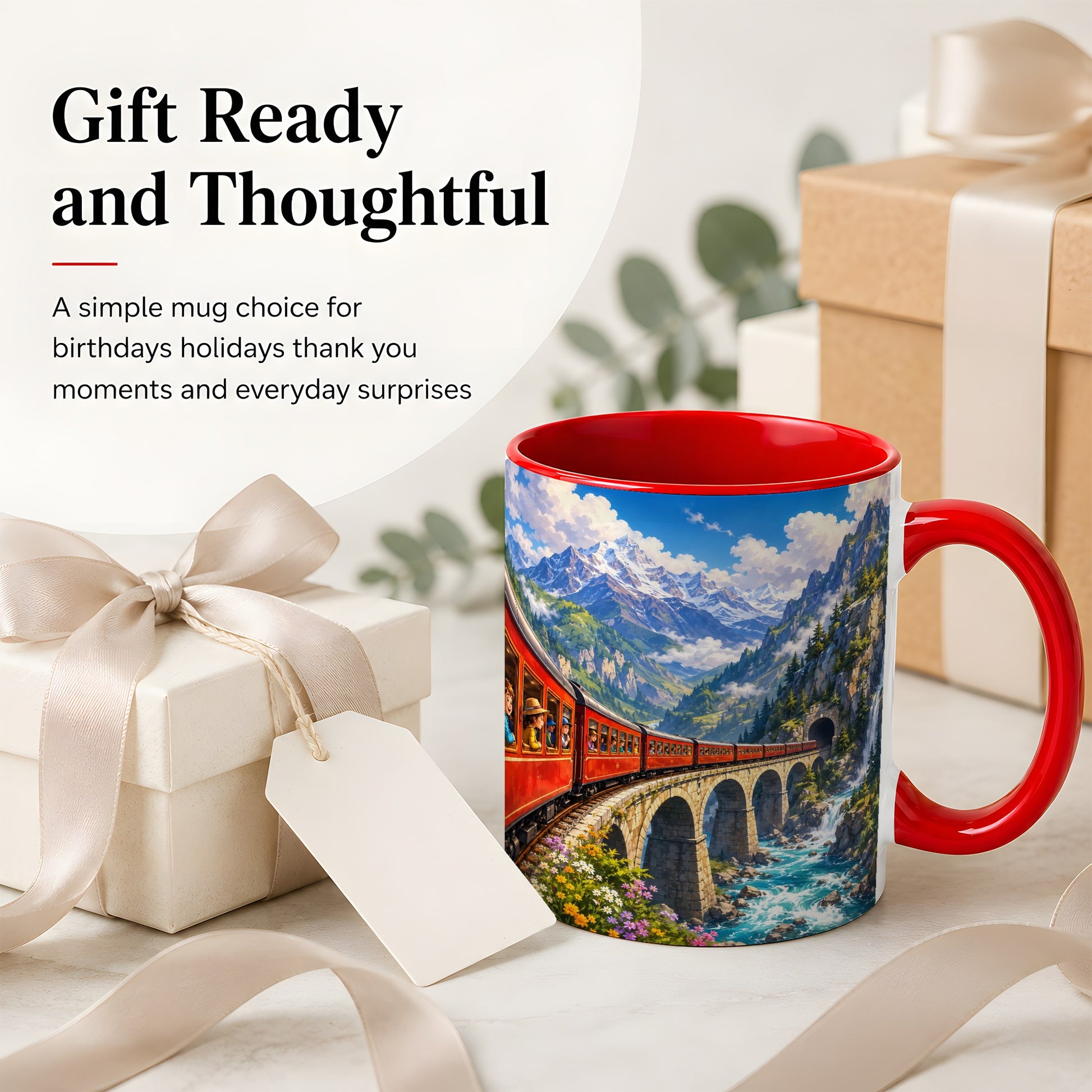 #pl[11oz|Red] Mountain Train Ceramic Mug, Red Alpine Railway Bridge Scene