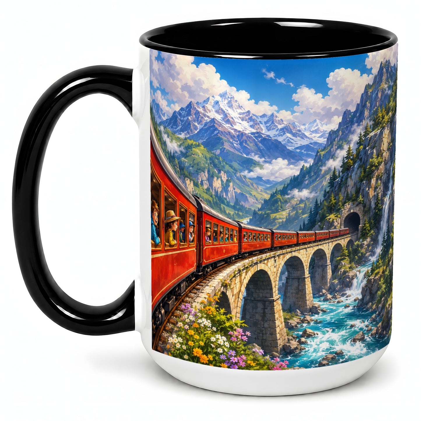 #pl[15oz|Black] Mountain Train Ceramic Mug, Red Alpine Railway Bridge Scene