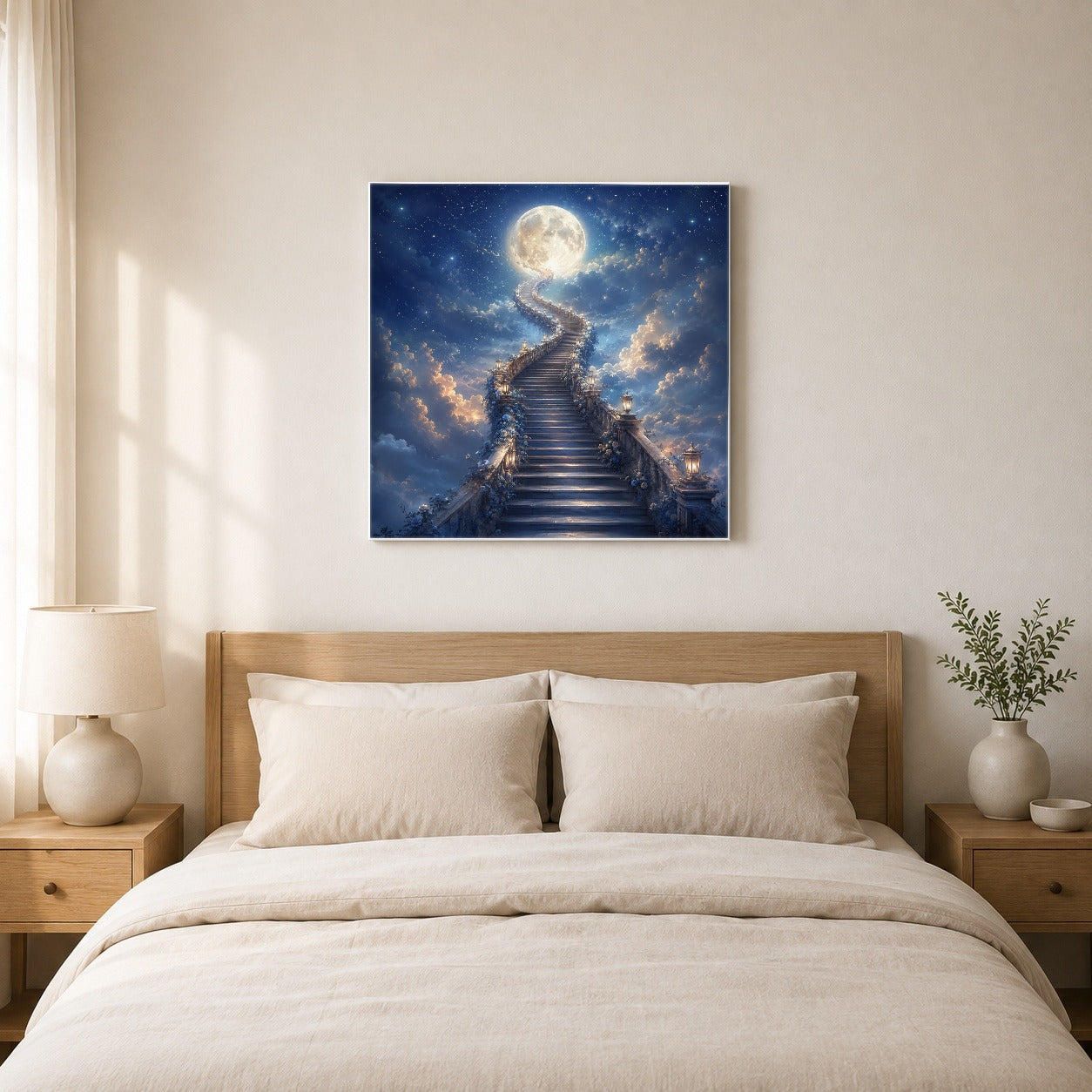 #pl[17x17 Inch|Multicolor] Moon Stairway Square Canvas Wall Art, Celestial Dreamscape Decor
