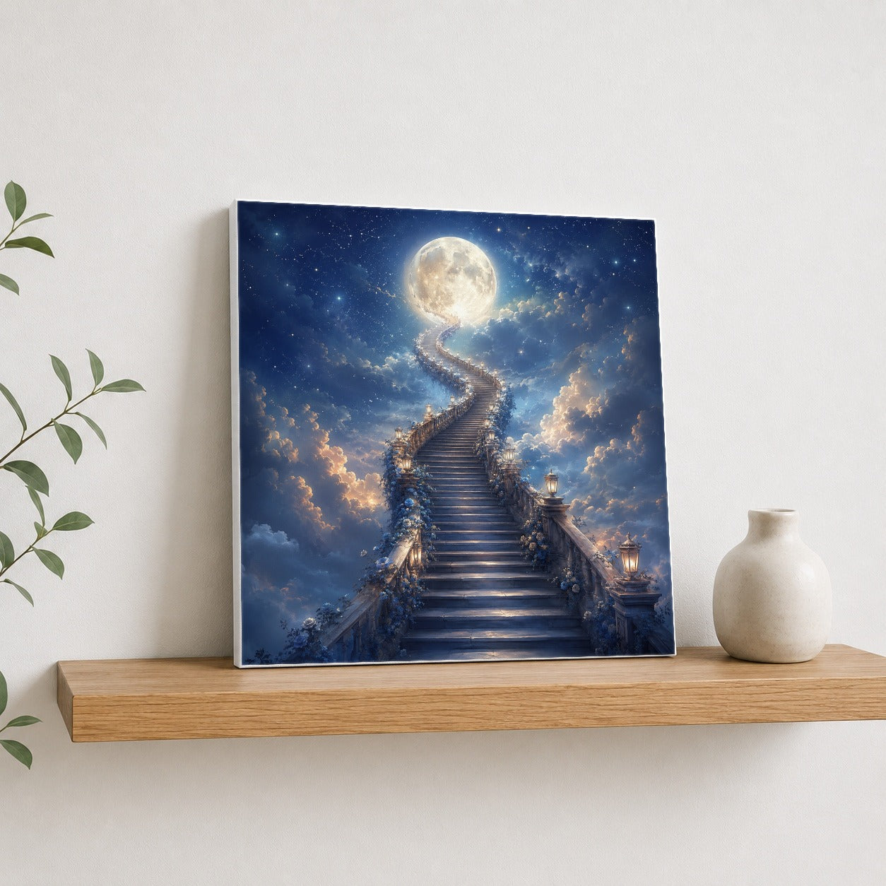 #pl[17x17 Inch|Multicolor] Moon Stairway Square Canvas Wall Art, Celestial Dreamscape Decor