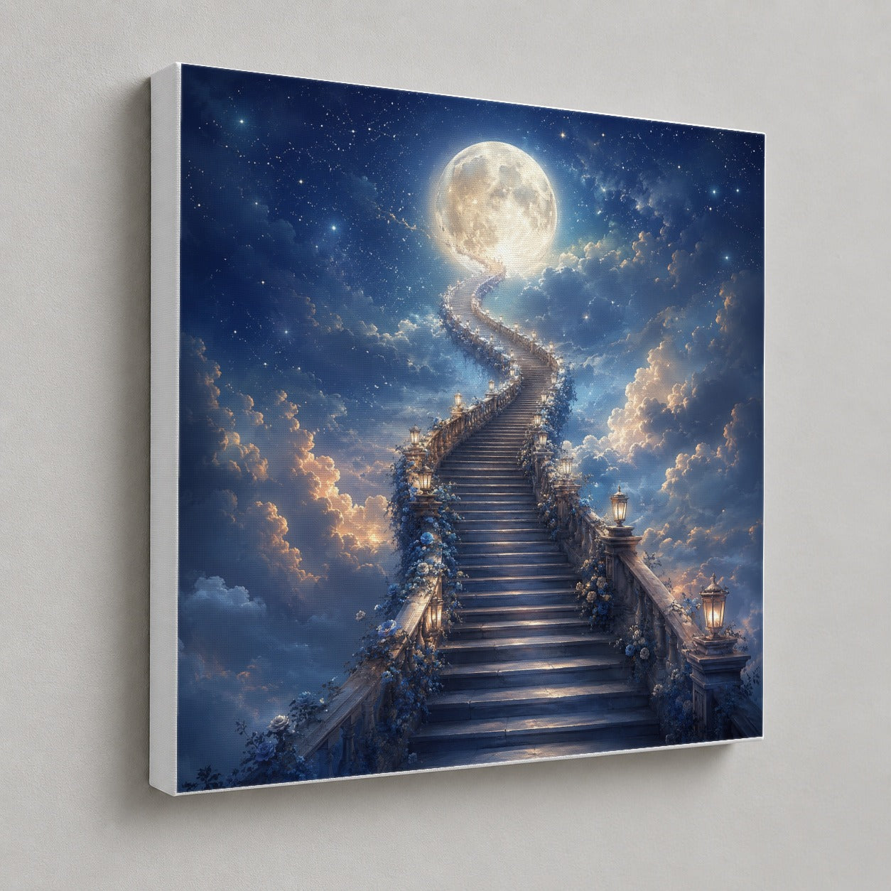 #pl[17x17 Inch|Multicolor] Moon Stairway Square Canvas Wall Art, Celestial Dreamscape Decor