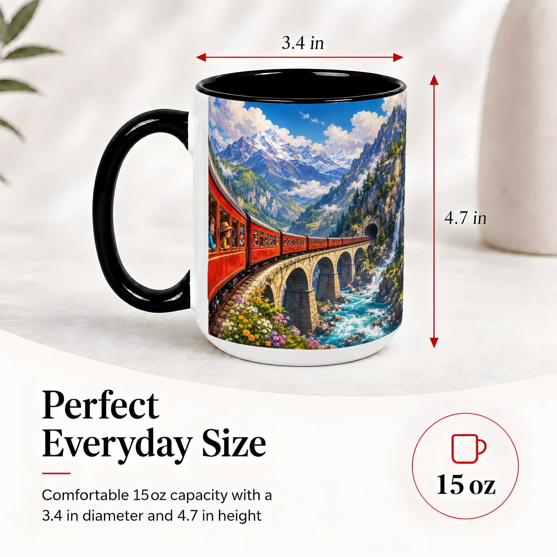#pl[15oz|Black] Mountain Train Ceramic Mug, Red Alpine Railway Bridge Scene
