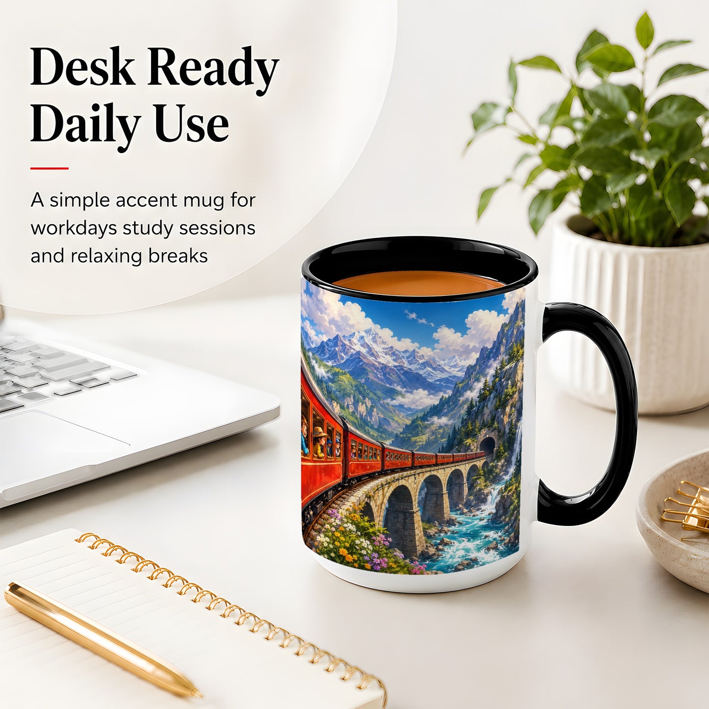 #pl[15oz|Black] Mountain Train Ceramic Mug, Red Alpine Railway Bridge Scene