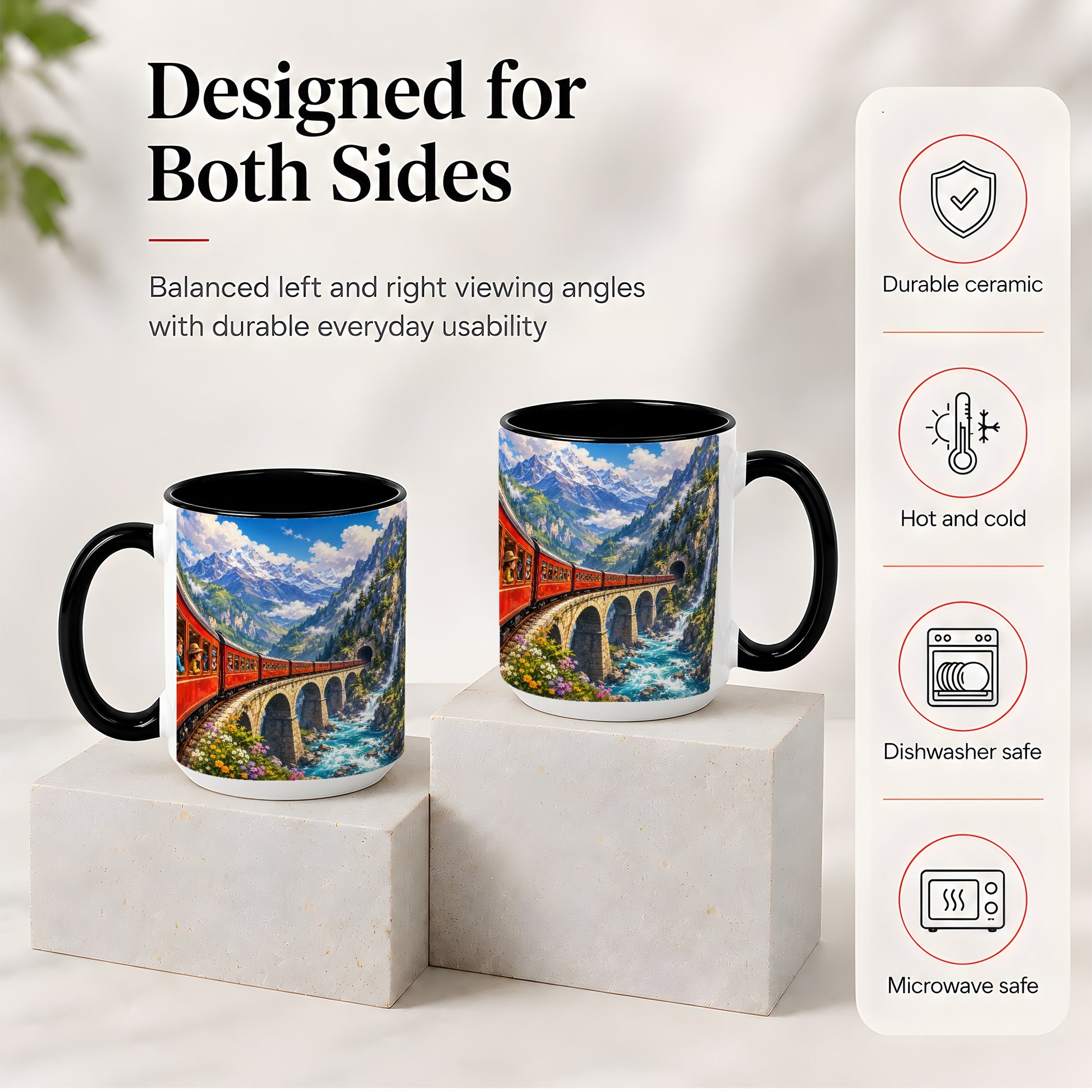 #pl[15oz|Black] Mountain Train Ceramic Mug, Red Alpine Railway Bridge Scene
