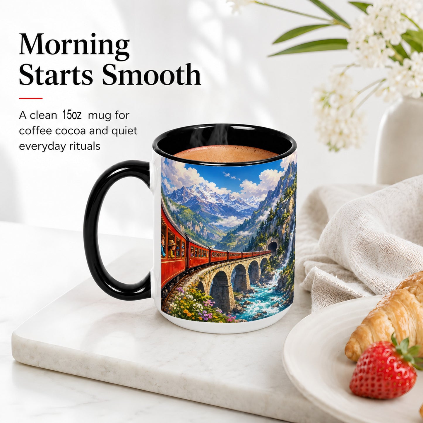 #pl[15oz|Black] Mountain Train Ceramic Mug, Red Alpine Railway Bridge Scene