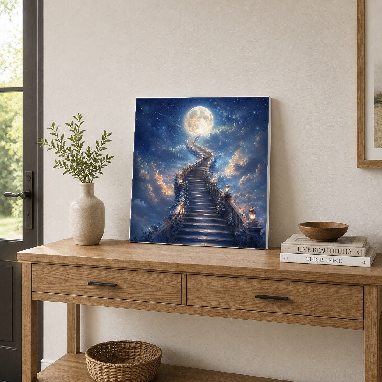 #pl[17x17 Inch|Multicolor] Moon Stairway Square Canvas Wall Art, Celestial Dreamscape Decor