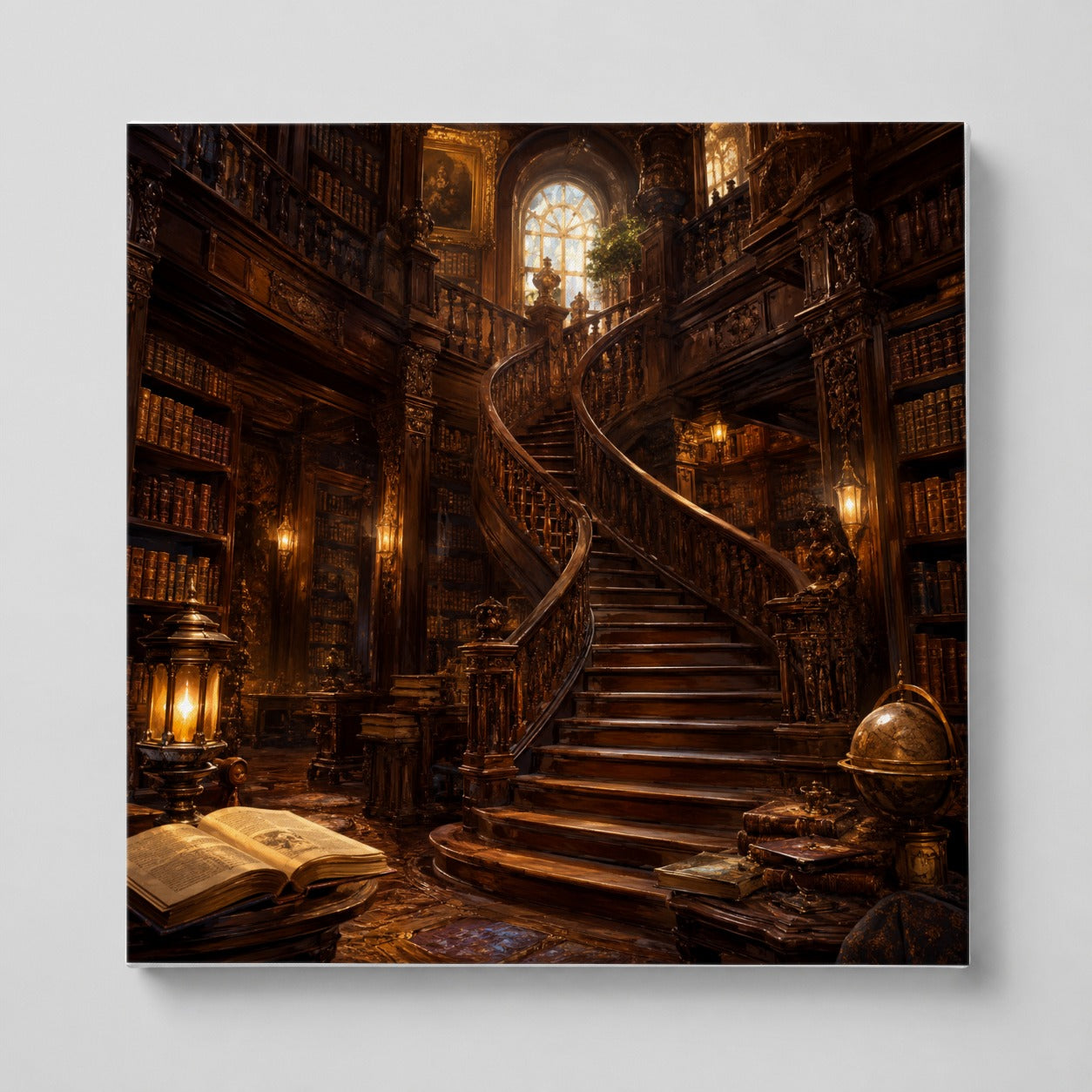 Grand Library Staircase Square Canvas Wall Art, Dark Academia Library Decor