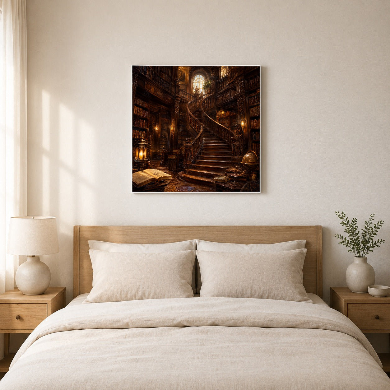 #pl[17x17 Inch|Multicolor] Grand Library Staircase Square Canvas Wall Art, Dark Academia Library Decor