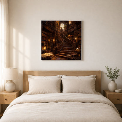 #pl[17x17 Inch|Multicolor] Grand Library Staircase Square Canvas Wall Art, Dark Academia Library Decor