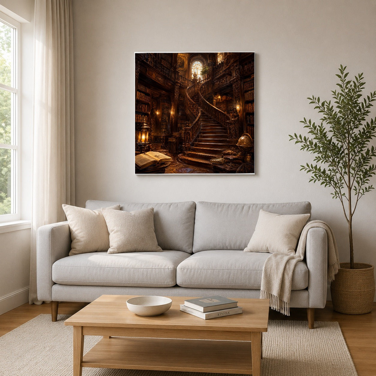 #pl[17x17 Inch|Multicolor] Grand Library Staircase Square Canvas Wall Art, Dark Academia Library Decor