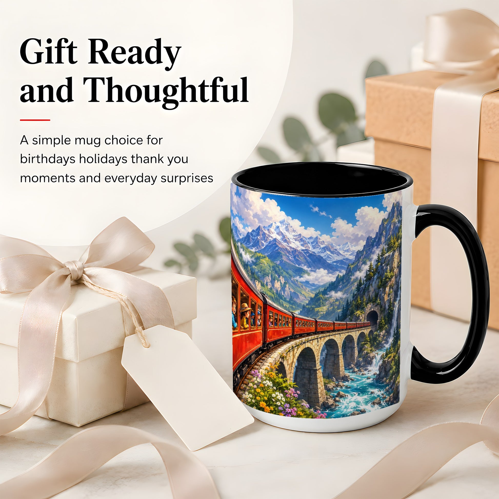 #pl[15oz|Black] Mountain Train Ceramic Mug, Red Alpine Railway Bridge Scene