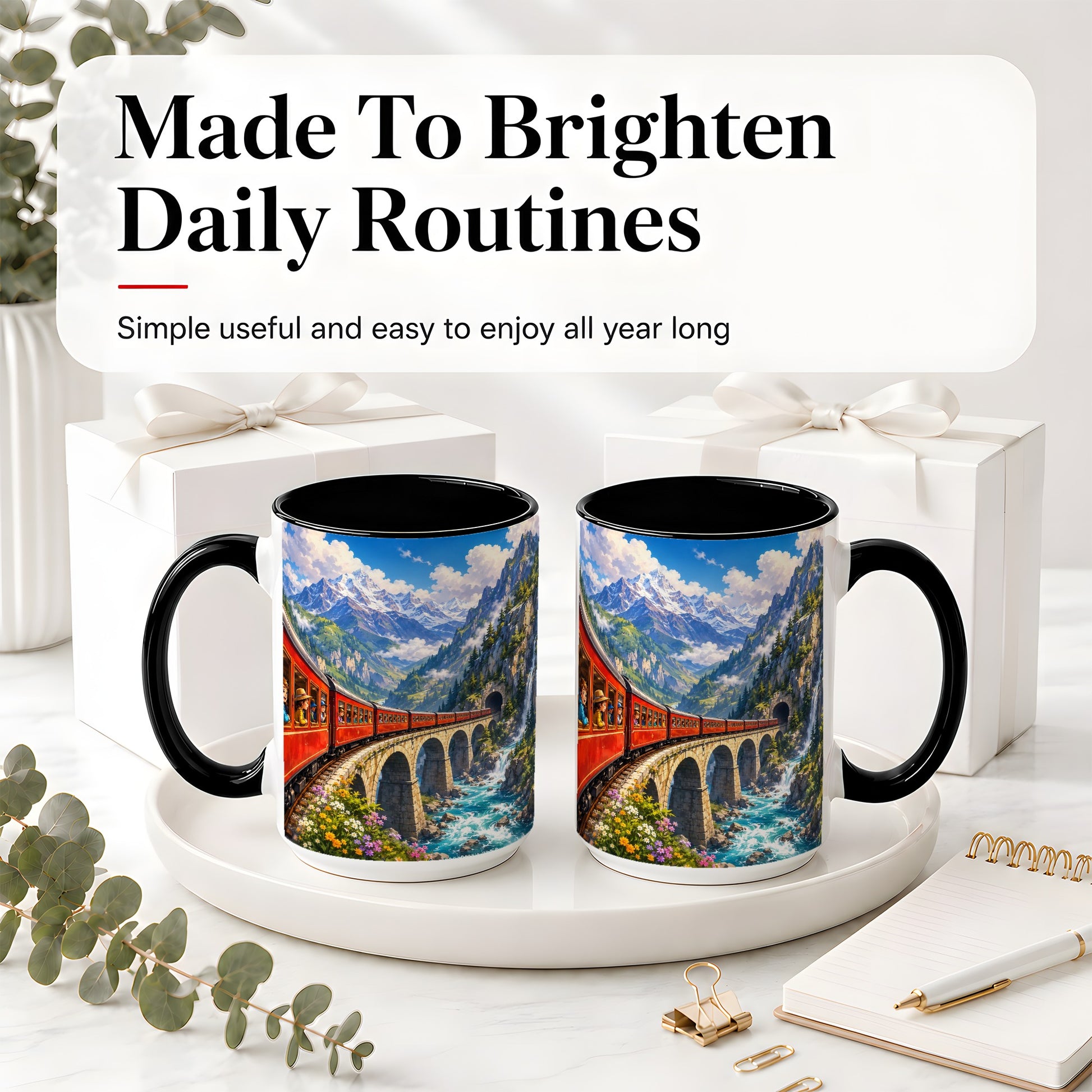 #pl[15oz|Black] Mountain Train Ceramic Mug, Red Alpine Railway Bridge Scene