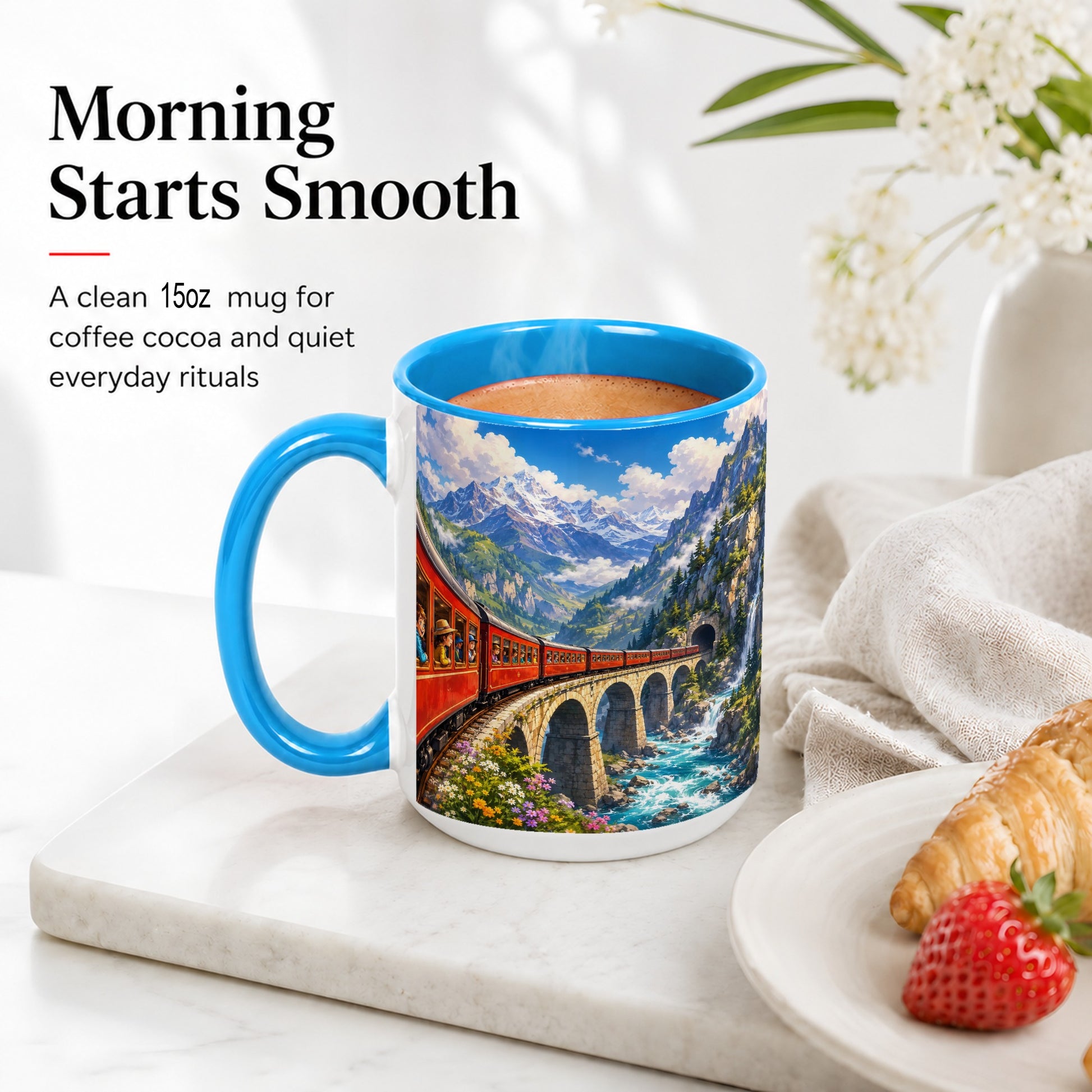 #pl[15oz|Blue] Mountain Train Ceramic Mug, Red Alpine Railway Bridge Scene