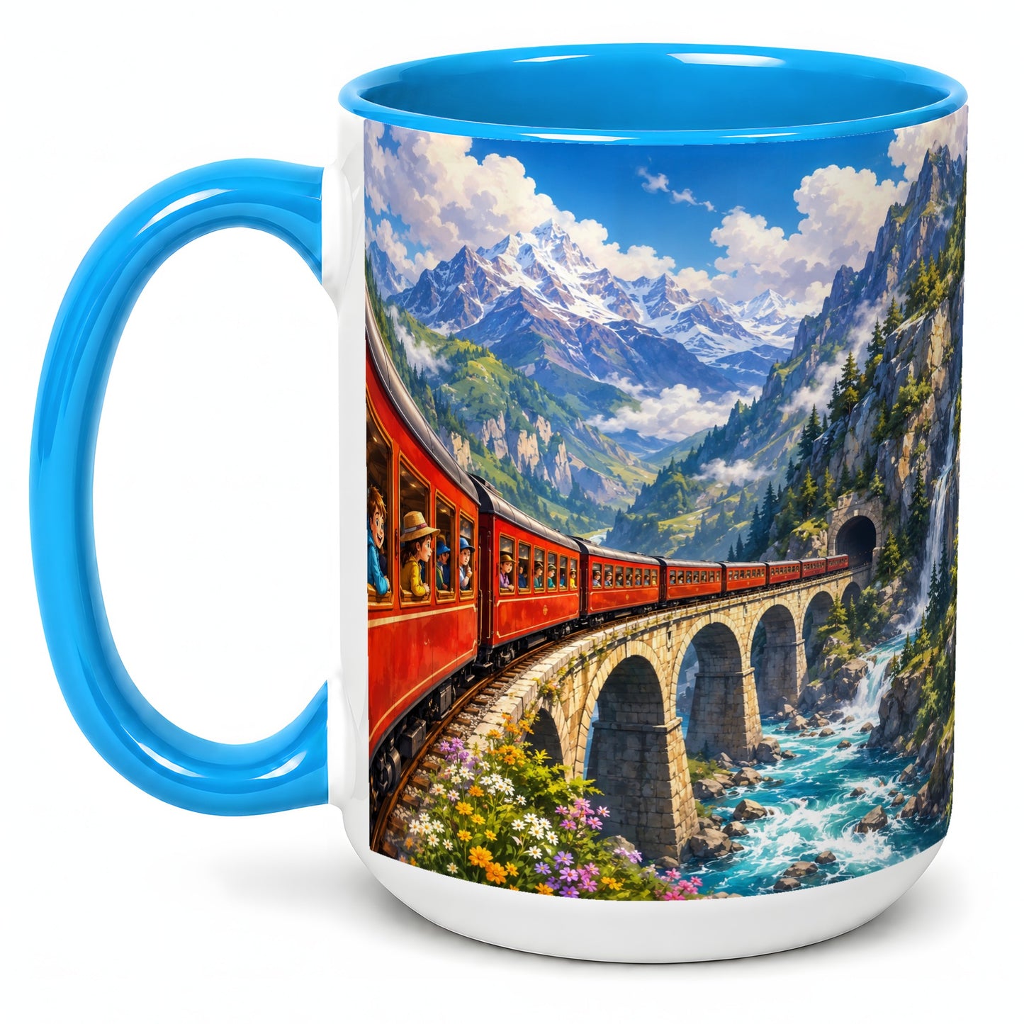 #pl[15oz|Blue] Mountain Train Ceramic Mug, Red Alpine Railway Bridge Scene
