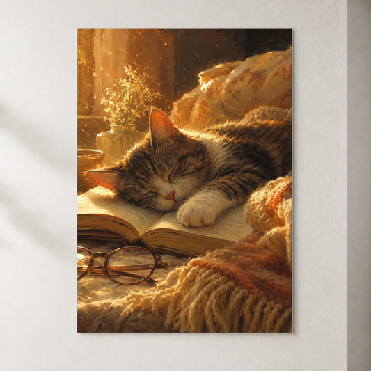 Sleeping Cat Book Poster, Cozy Reading Pet Wall Art Print