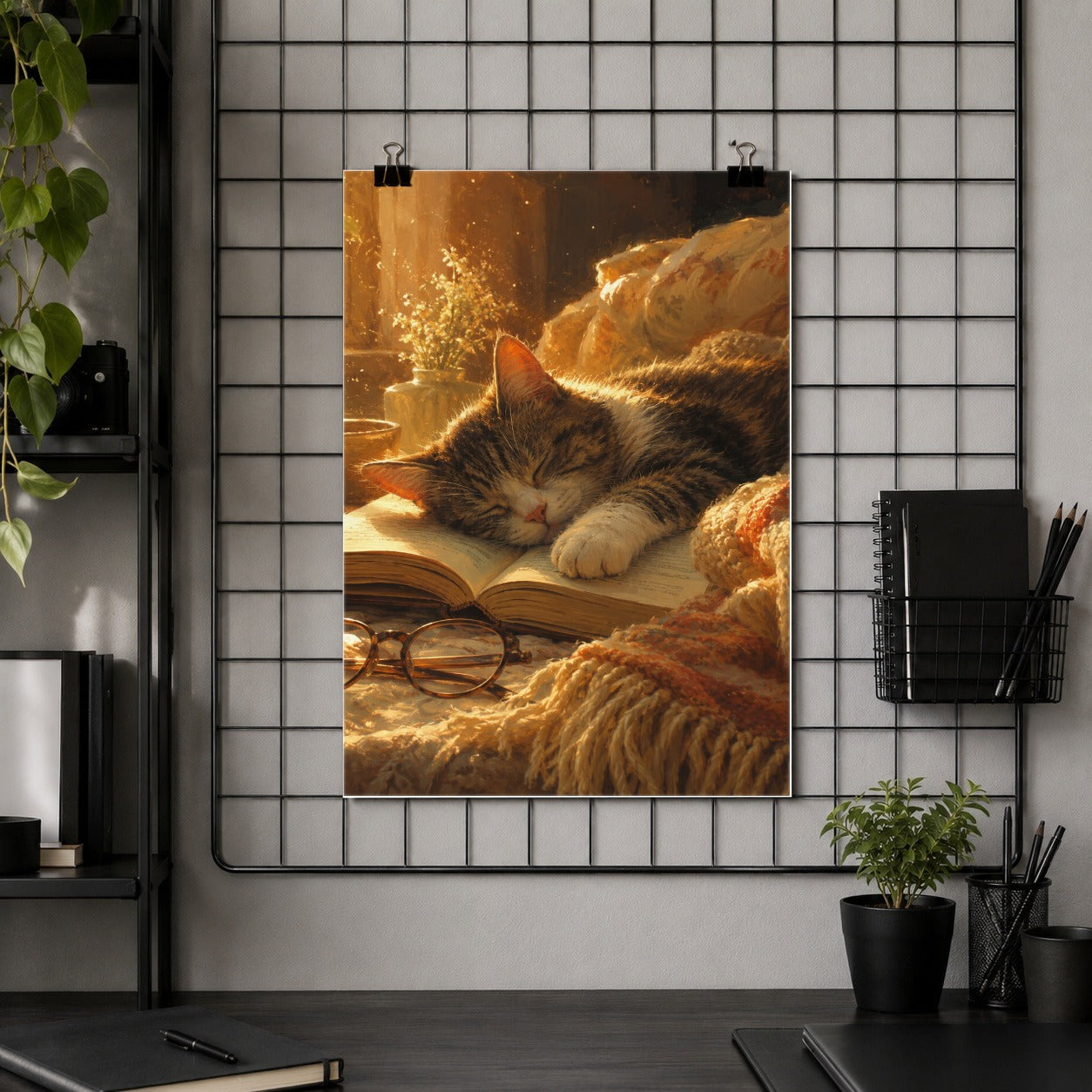 #pl[8x10 Inch|Multicolor] Sleeping Cat Book Poster, Cozy Reading Pet Wall Art Print