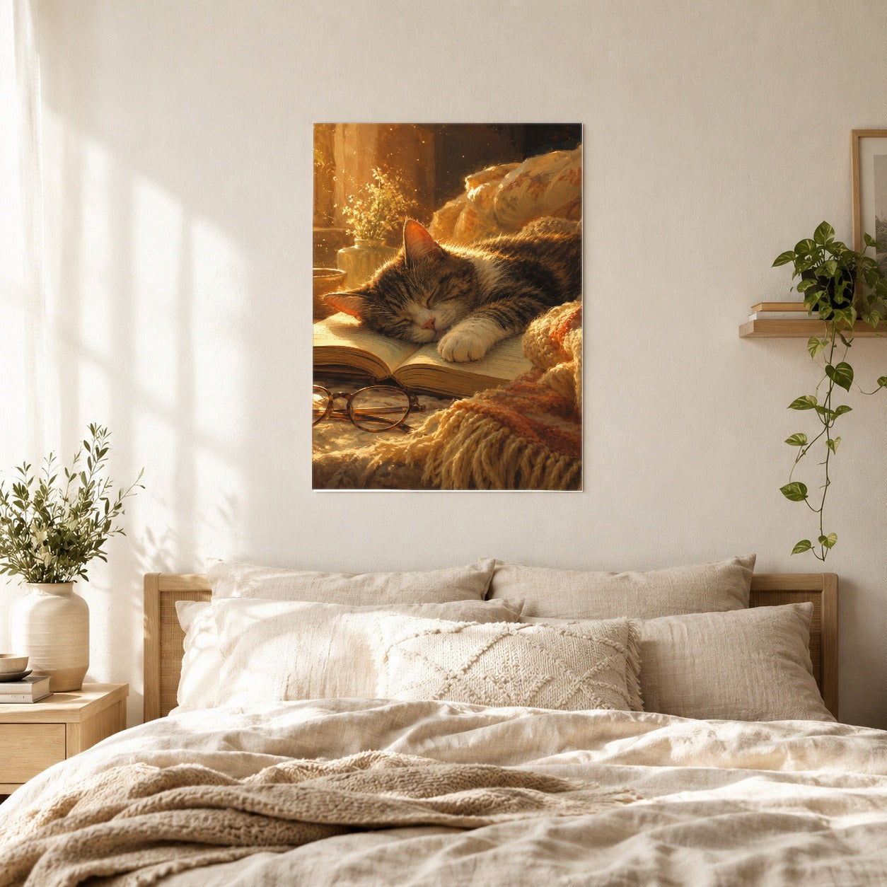 #pl[8x10 Inch|Multicolor] Sleeping Cat Book Poster, Cozy Reading Pet Wall Art Print
