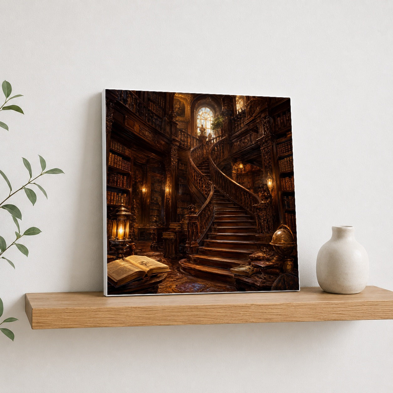 #pl[17x17 Inch|Multicolor] Grand Library Staircase Square Canvas Wall Art, Dark Academia Library Decor