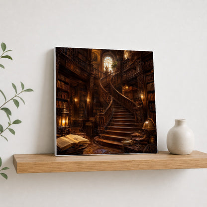 #pl[17x17 Inch|Multicolor] Grand Library Staircase Square Canvas Wall Art, Dark Academia Library Decor