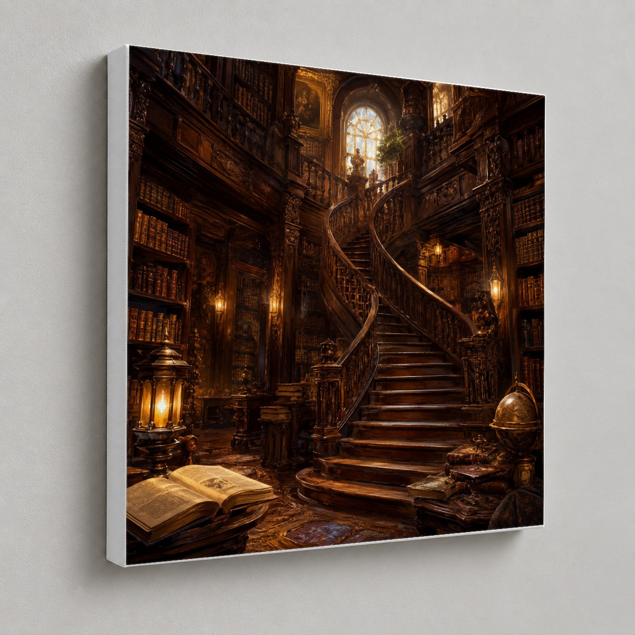 #pl[17x17 Inch|Multicolor] Grand Library Staircase Square Canvas Wall Art, Dark Academia Library Decor