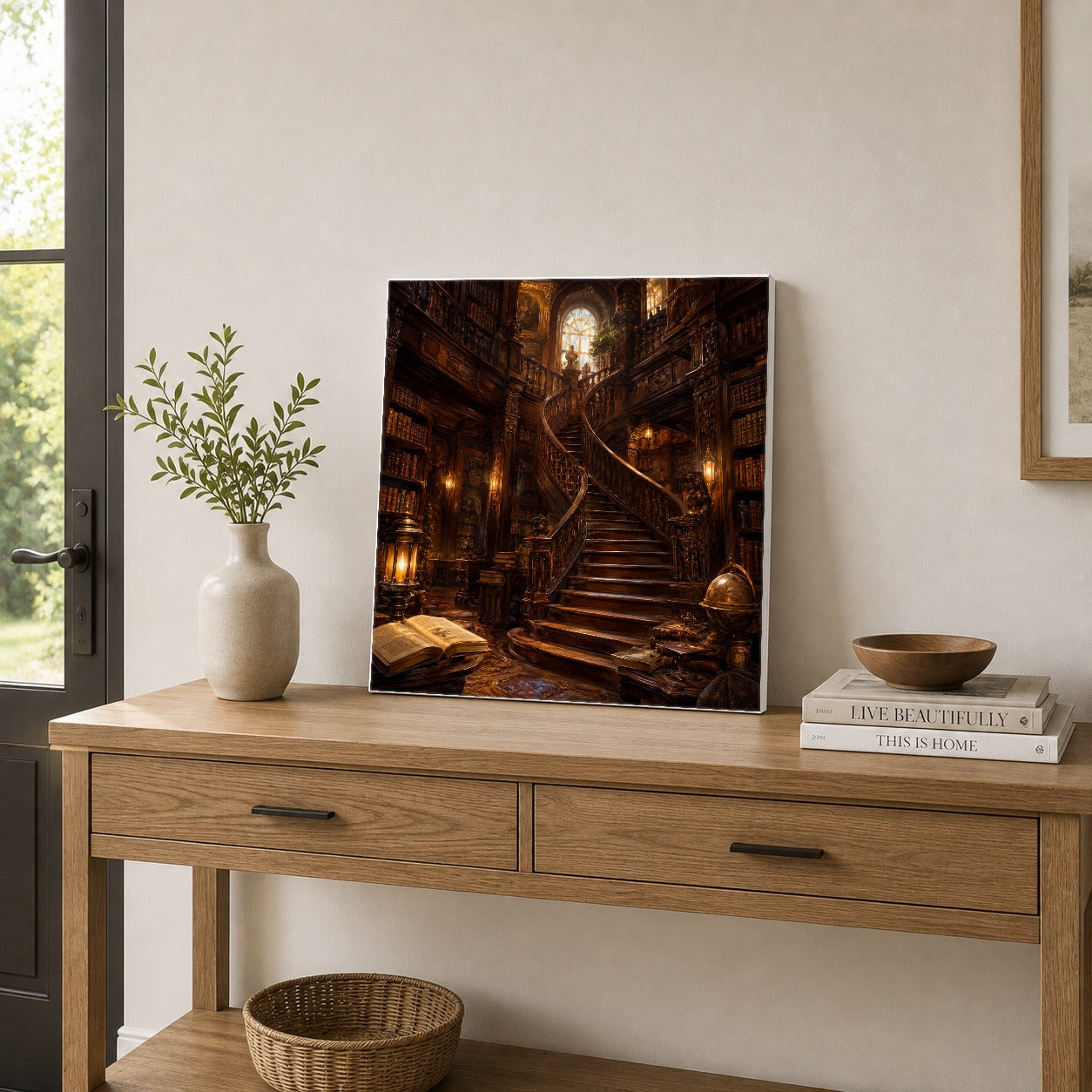#pl[17x17 Inch|Multicolor] Grand Library Staircase Square Canvas Wall Art, Dark Academia Library Decor