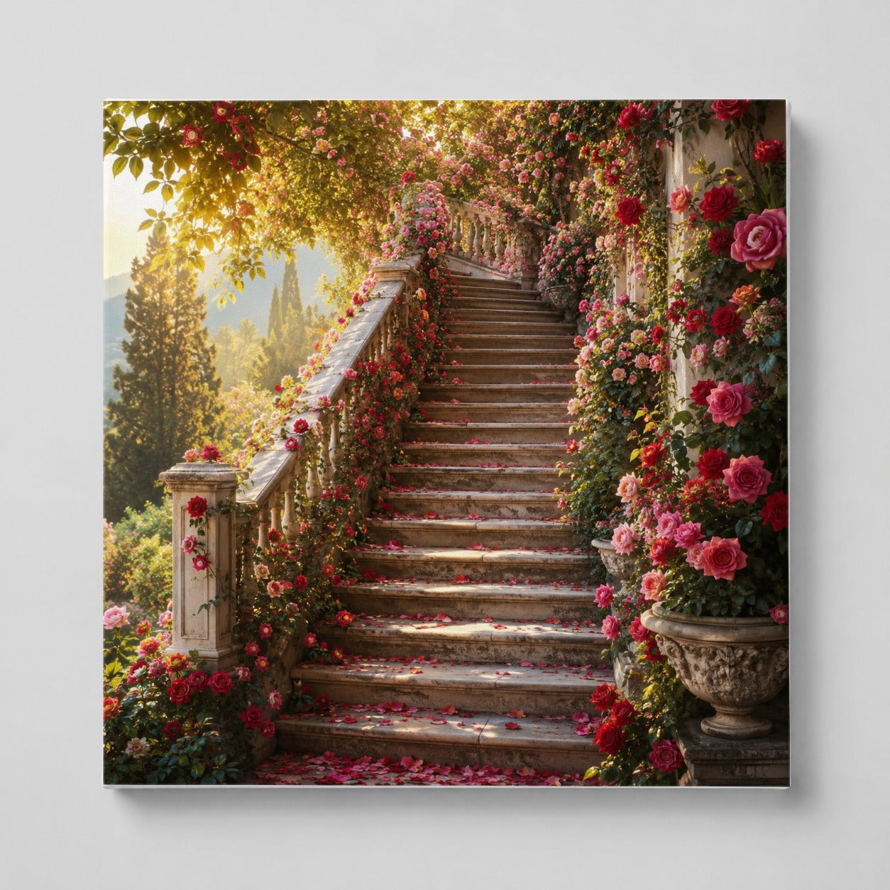 Rose Garden Staircase Square Canvas Wall Art, Romantic Garden Decor