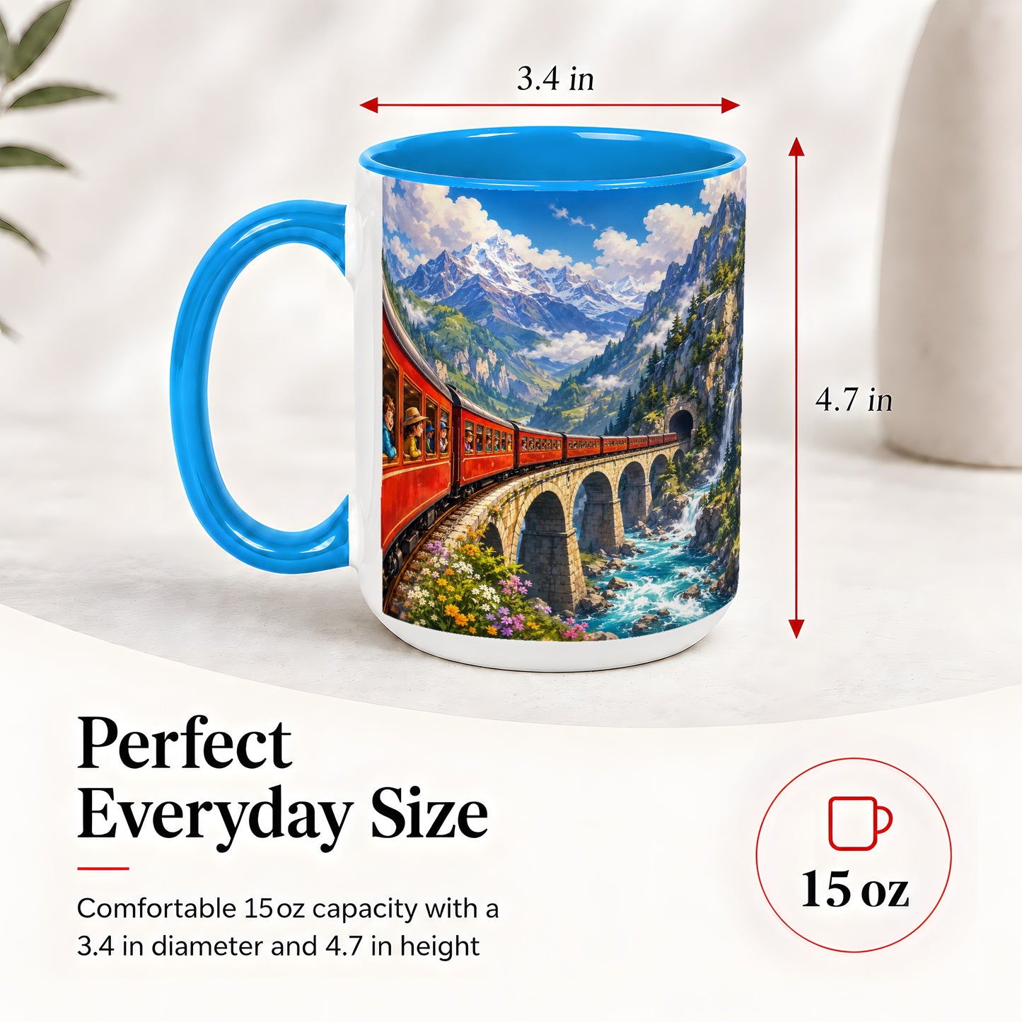 #pl[15oz|Blue] Mountain Train Ceramic Mug, Red Alpine Railway Bridge Scene