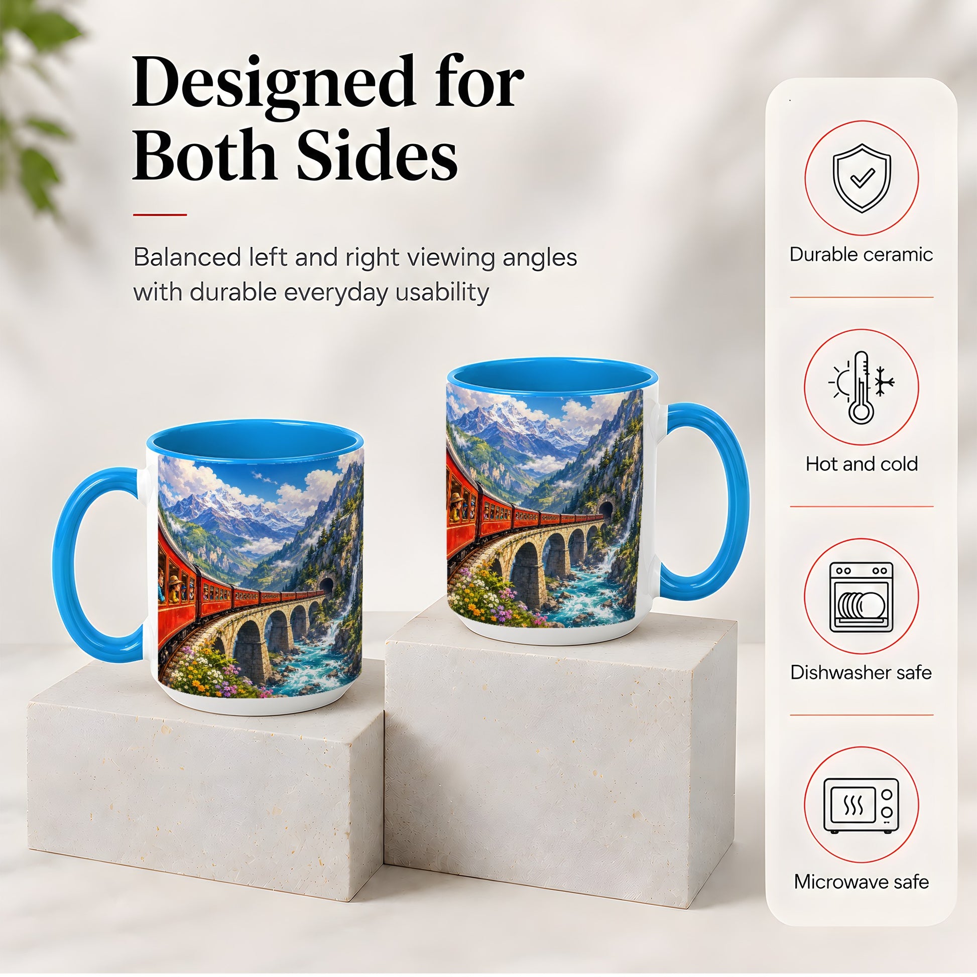#pl[15oz|Blue] Mountain Train Ceramic Mug, Red Alpine Railway Bridge Scene