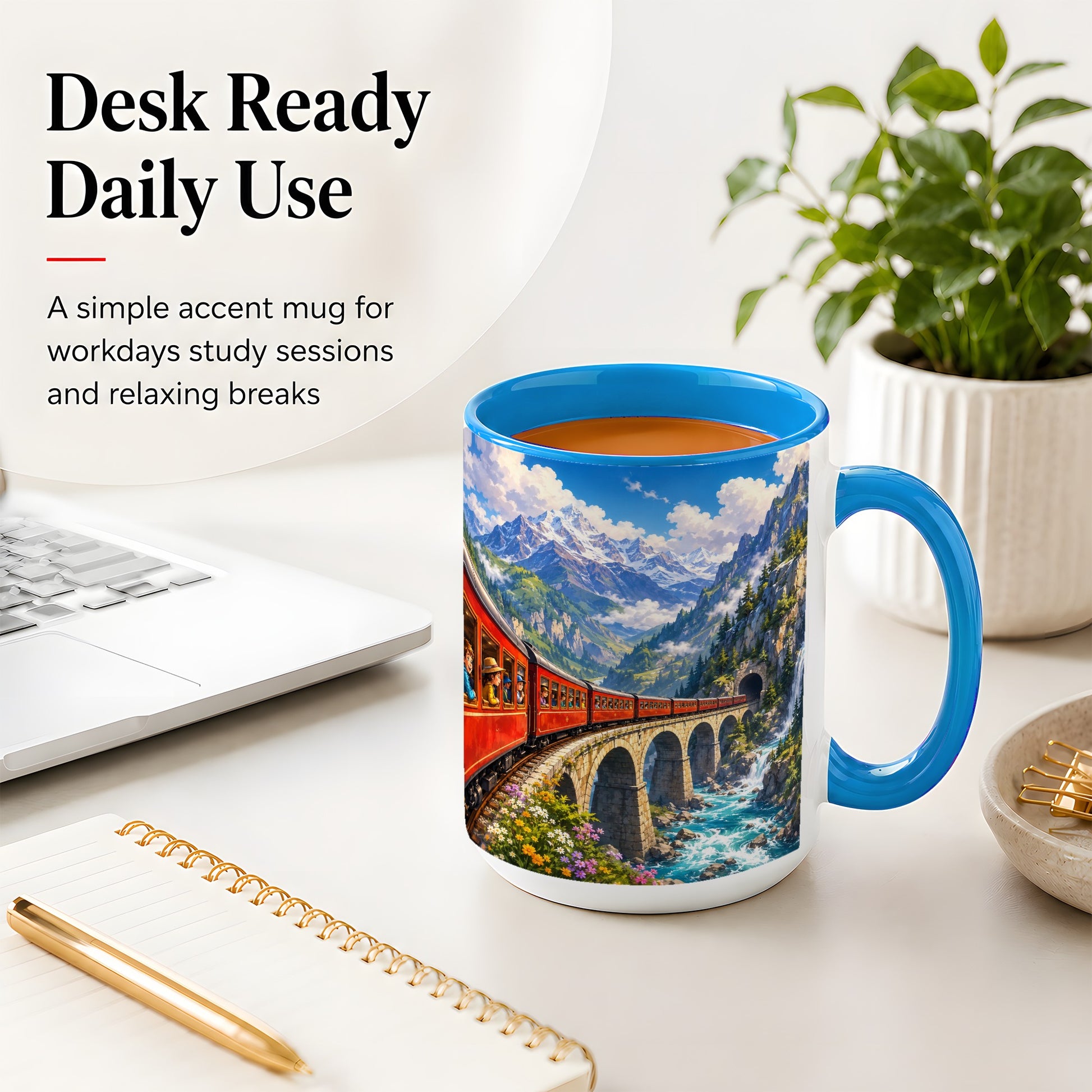 #pl[15oz|Blue] Mountain Train Ceramic Mug, Red Alpine Railway Bridge Scene