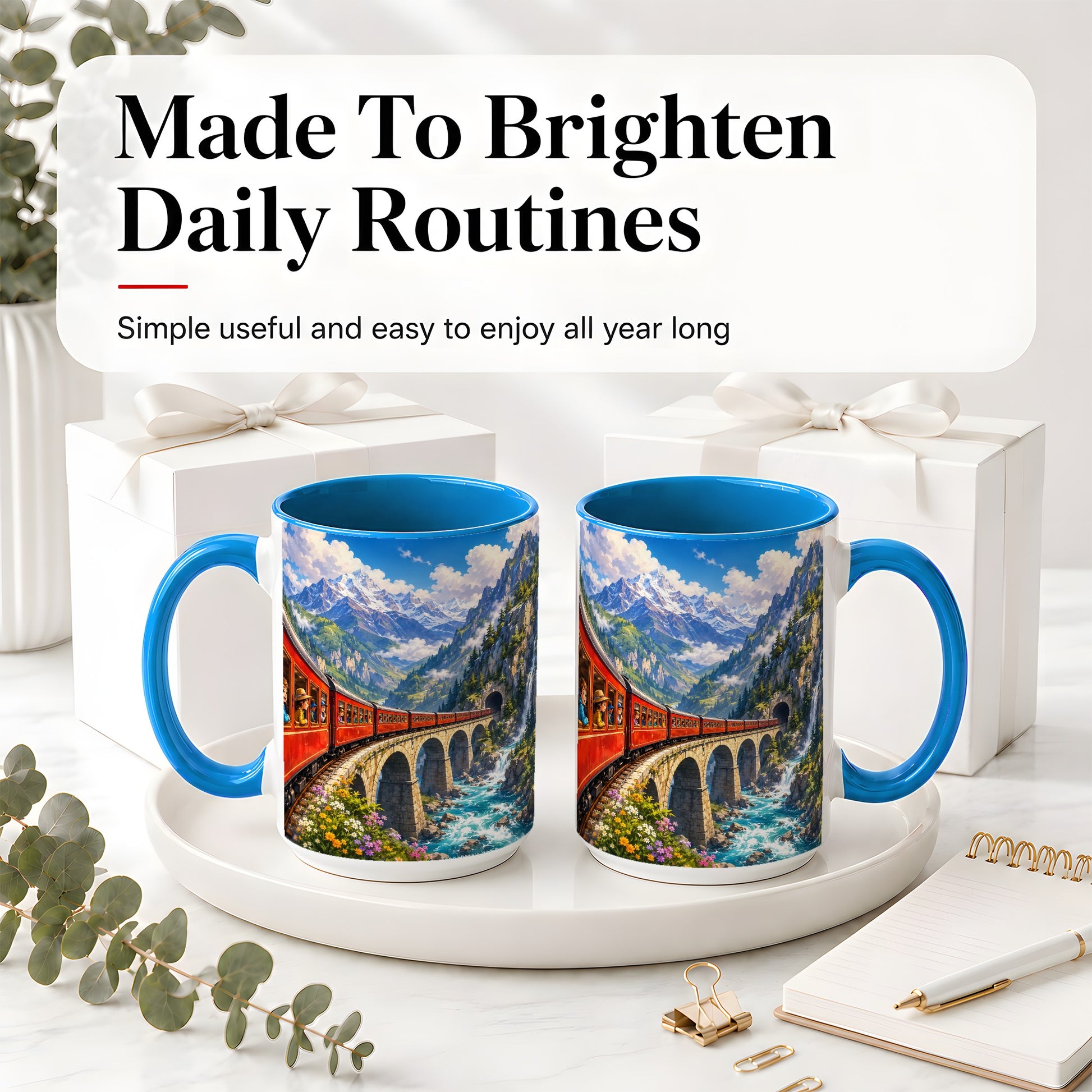 #pl[15oz|Blue] Mountain Train Ceramic Mug, Red Alpine Railway Bridge Scene